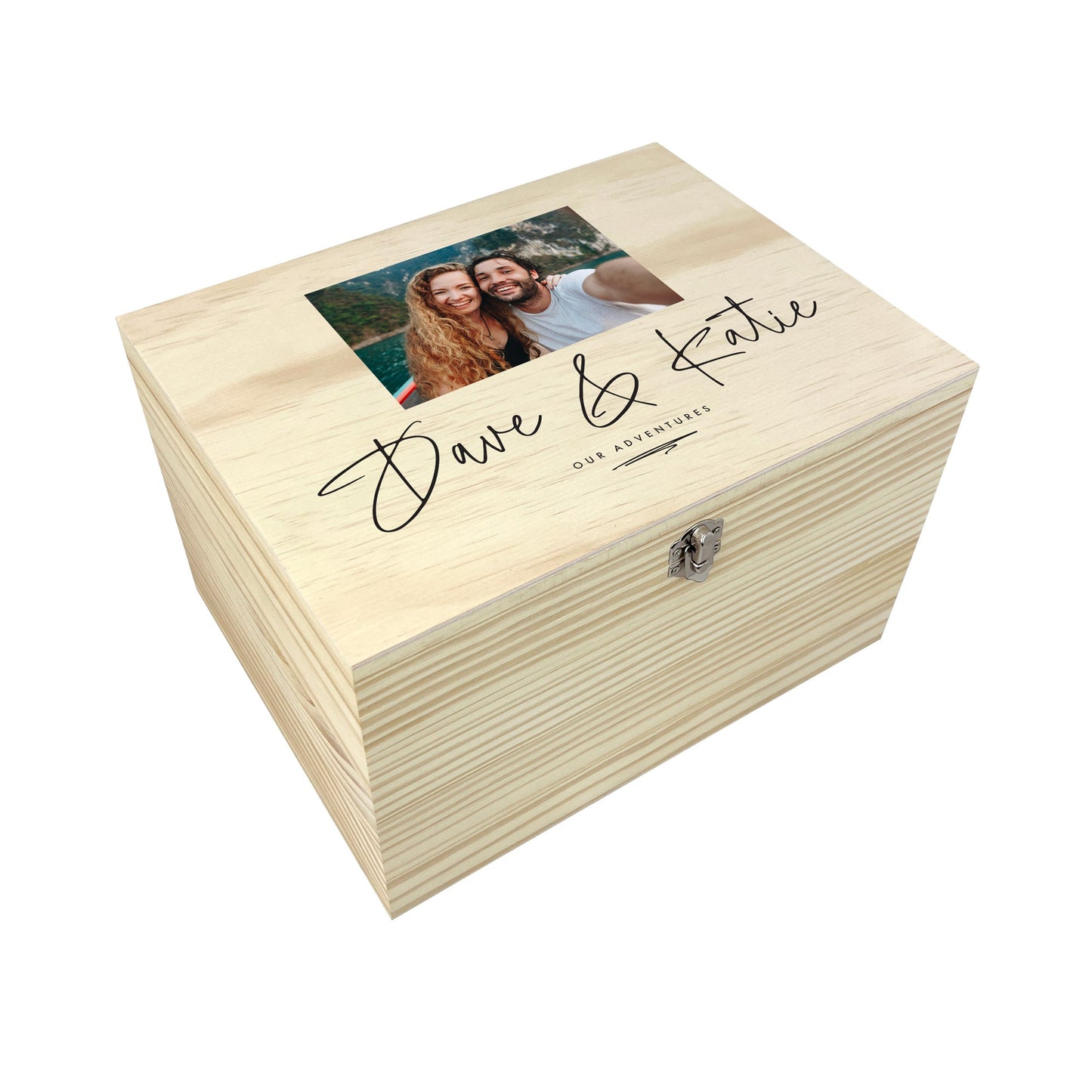 Personalised Couples Names Pine Photo Keepsake Memory Box - 4 Sizes