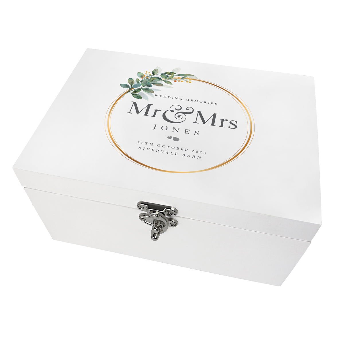 Personalised Luxury White Wooden Wreath Wedding Keepsake Memory Box - 3 Sizes