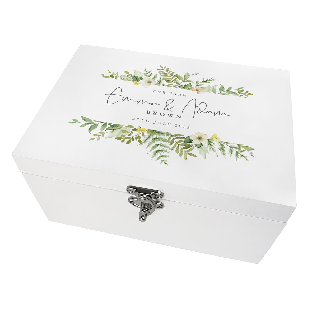 Personalised White Wooden Yellow & Green Floral Wedding Keepsake Memory Box - 3 Sizes