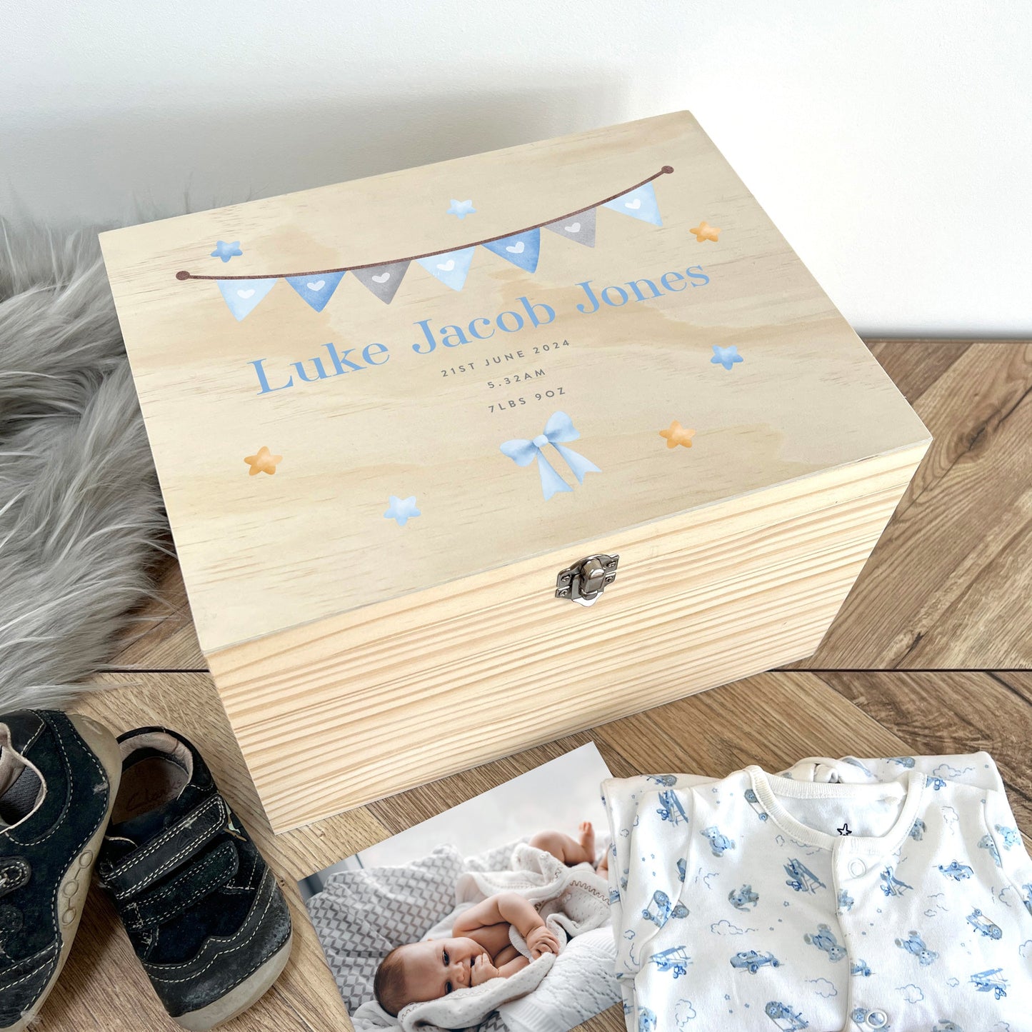 Personalised Blue Garland New Baby Keepsake Box - 4 Sizes