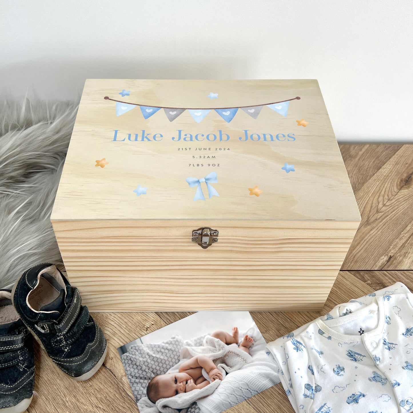 Personalised Blue Garland New Baby Keepsake Box - 4 Sizes