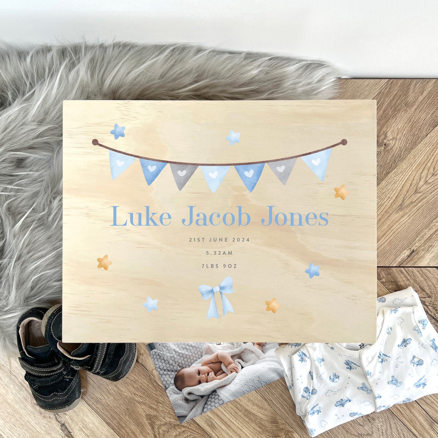 Personalised Blue Garland New Baby Keepsake Box - 4 Sizes