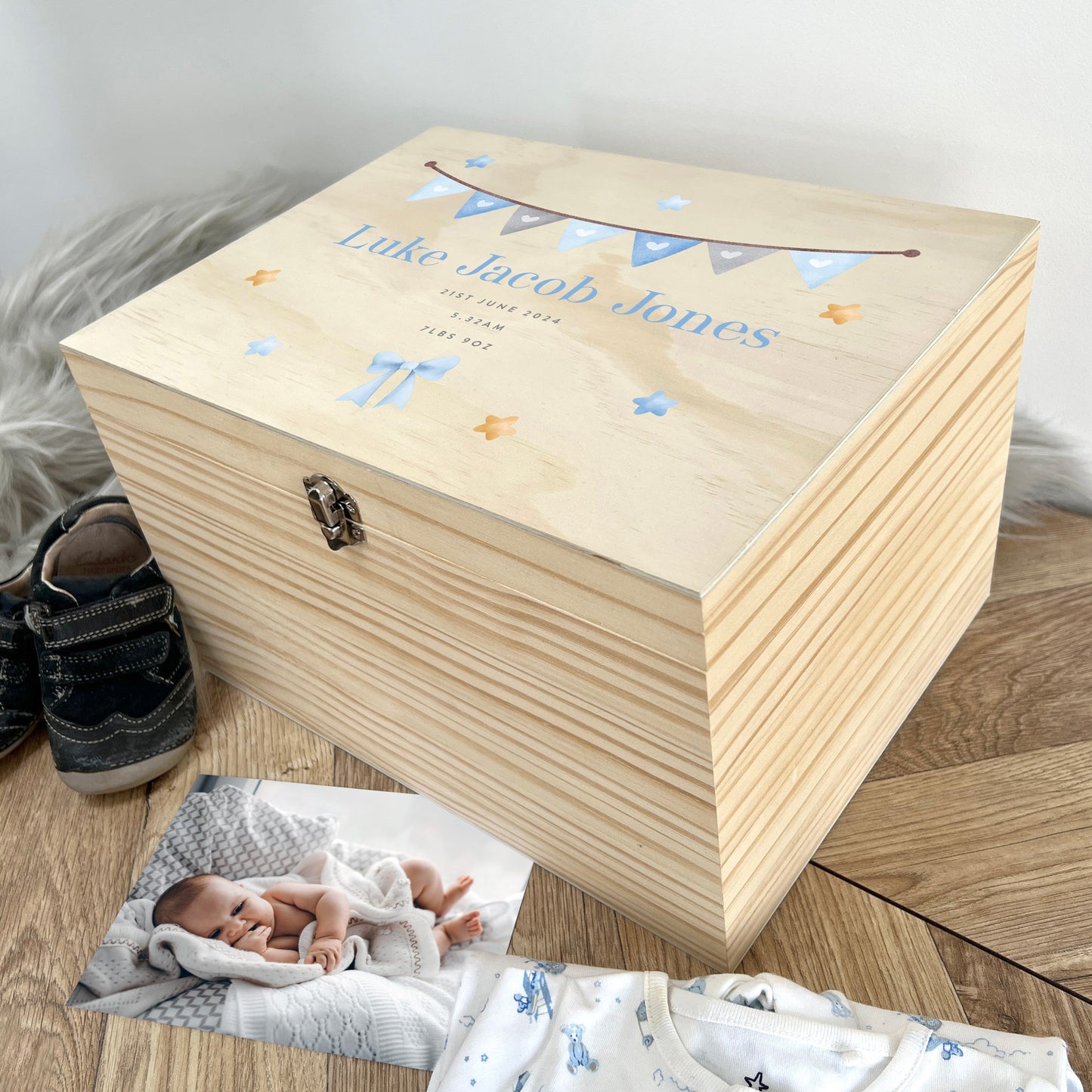 Personalised Blue Garland New Baby Keepsake Box - 4 Sizes