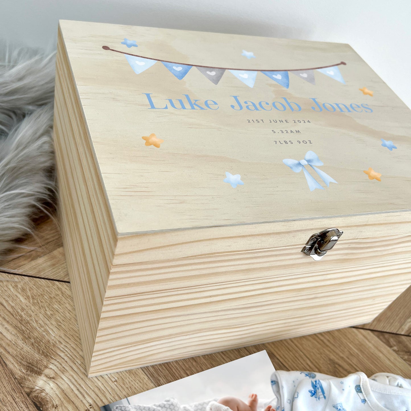 Personalised Blue Garland New Baby Keepsake Box - 4 Sizes