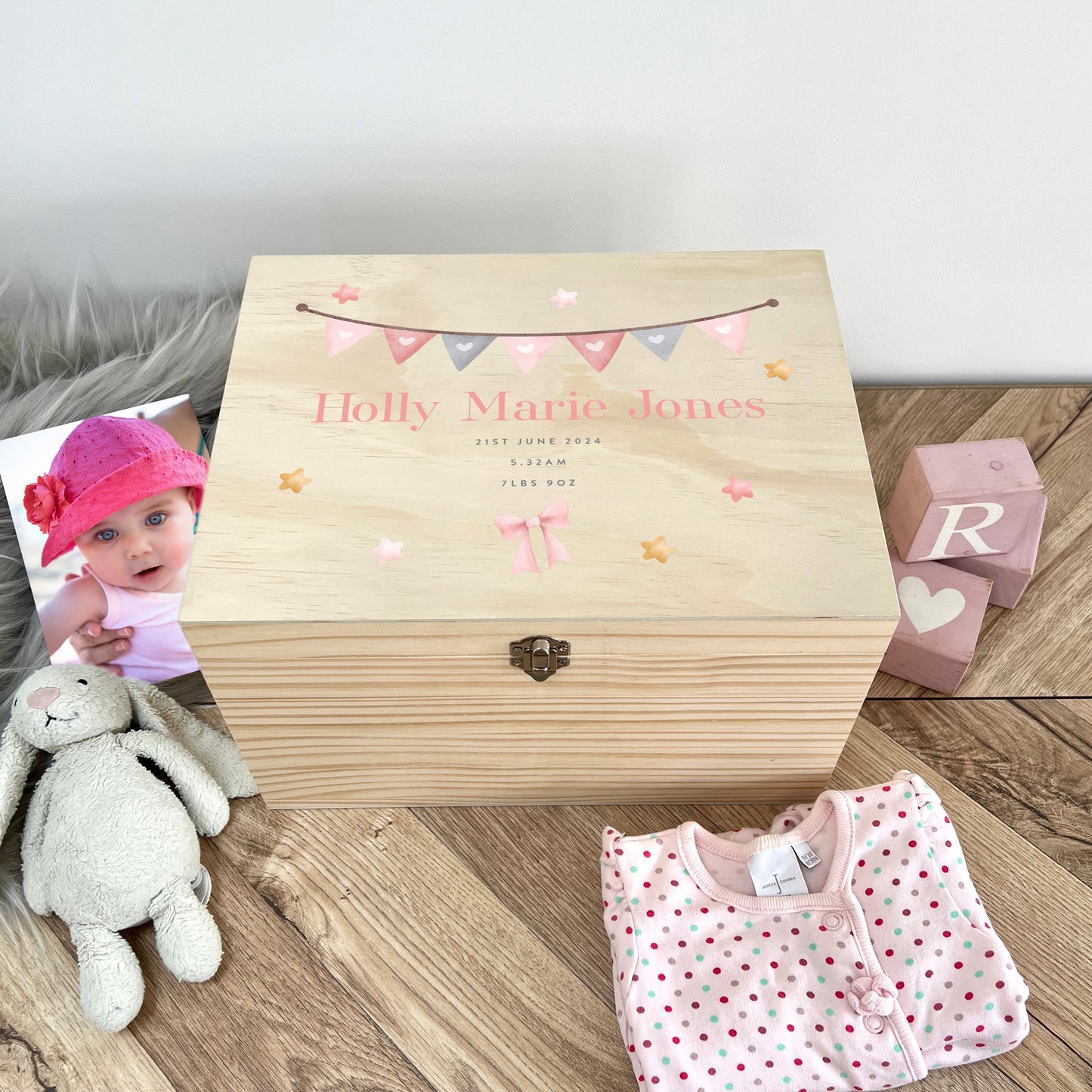Personalised Pink Garland New Baby Keepsake Box - 4 Sizes