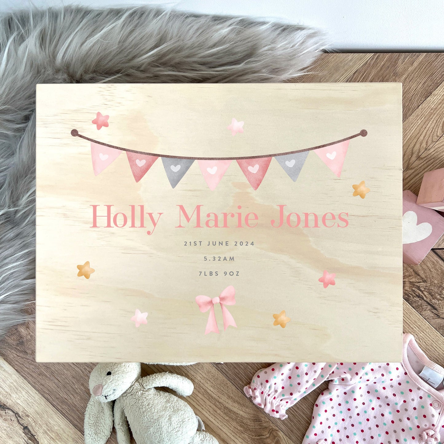 Personalised Pink Garland New Baby Keepsake Box - 4 Sizes