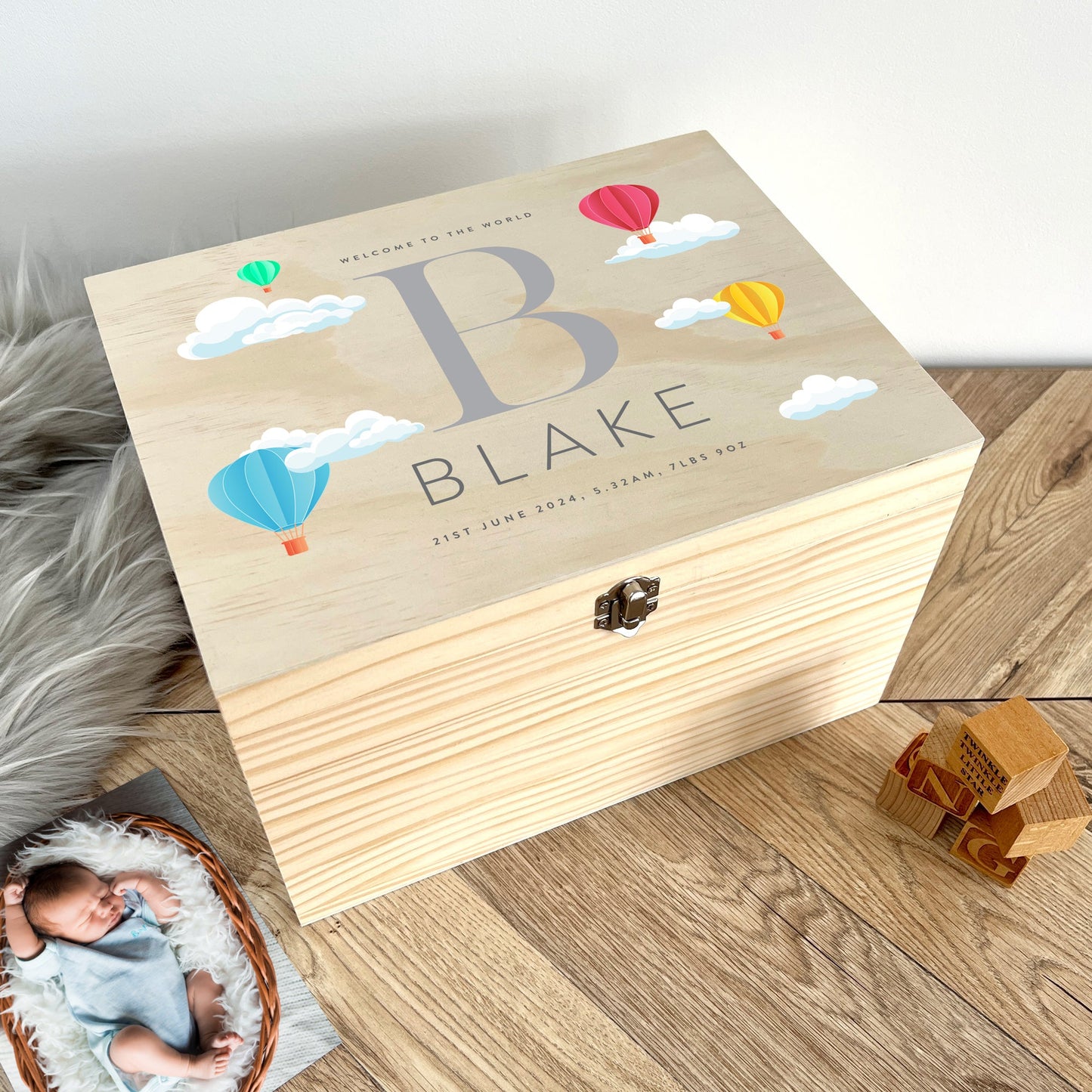 Personalised Hot Air Balloon New Baby Keepsake Box - 4 Sizes