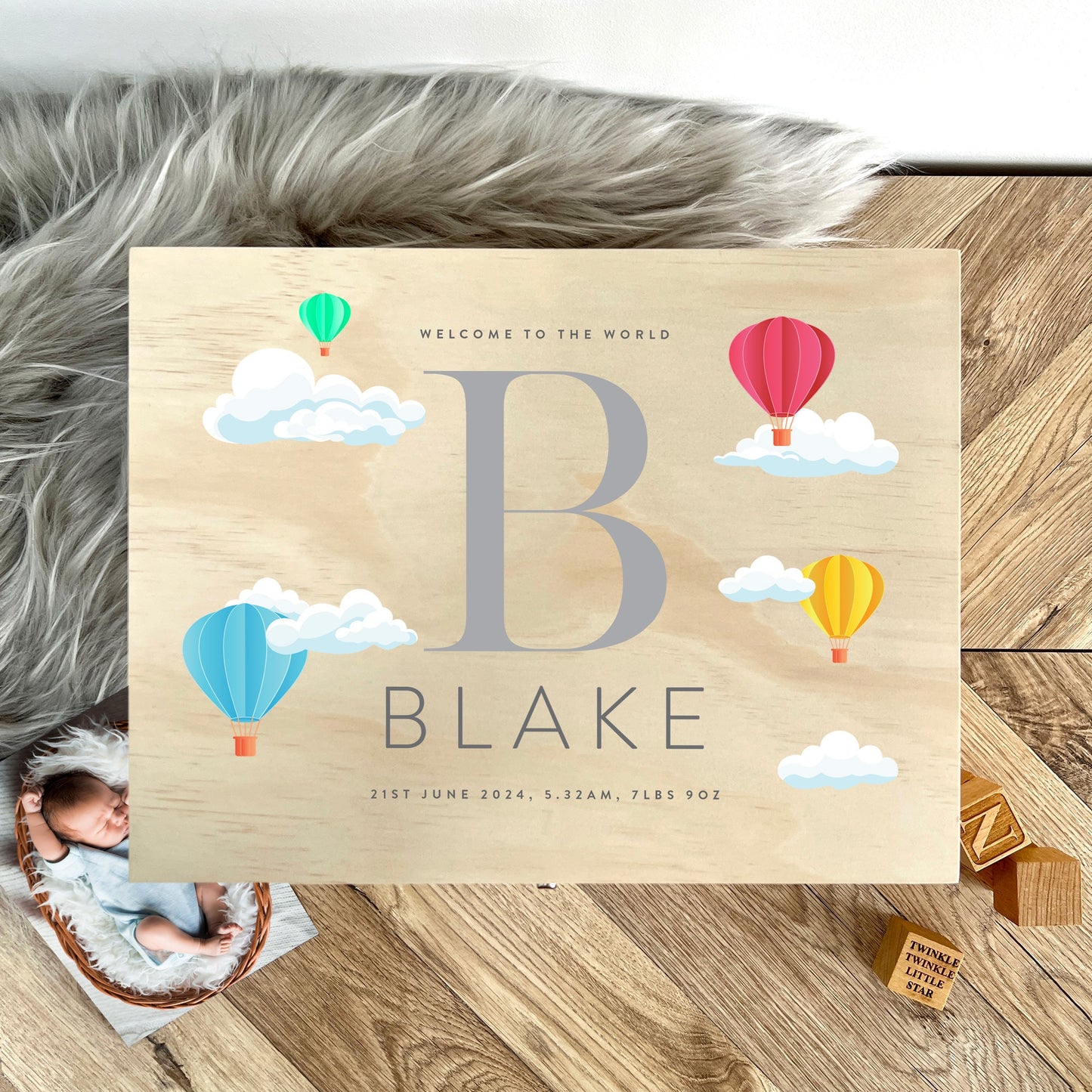 Personalised Hot Air Balloon New Baby Keepsake Box - 4 Sizes