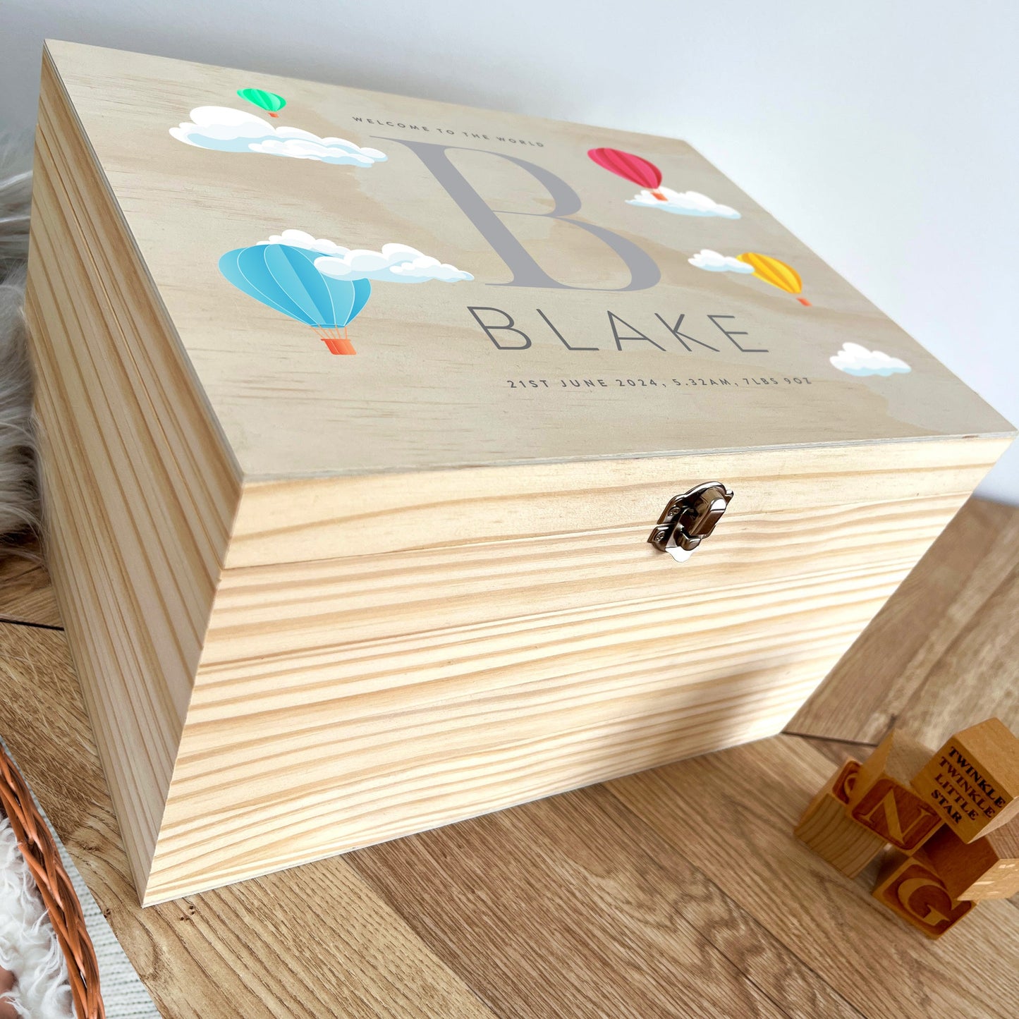 Personalised Hot Air Balloon New Baby Keepsake Box - 4 Sizes