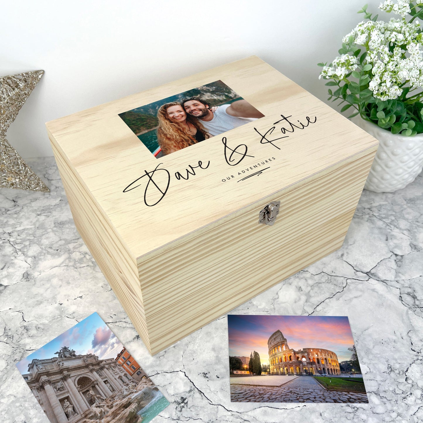 Personalised Couples Names Pine Photo Keepsake Memory Box - 4 Sizes