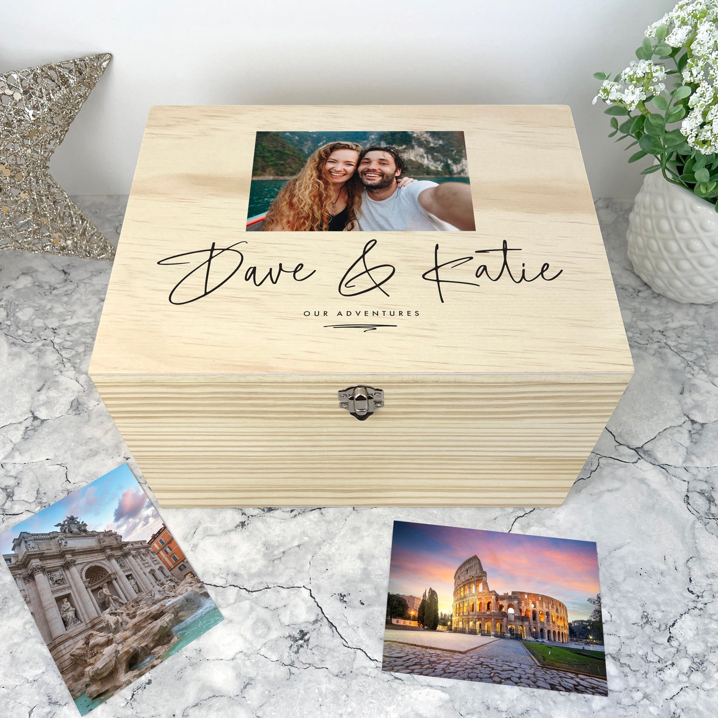 Personalised Couples Names Pine Photo Keepsake Memory Box - 4 Sizes
