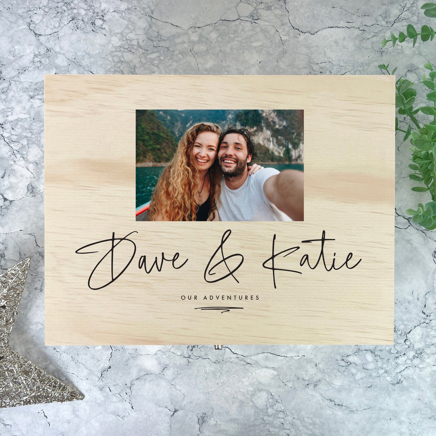 Personalised Couples Names Pine Photo Keepsake Memory Box - 4 Sizes