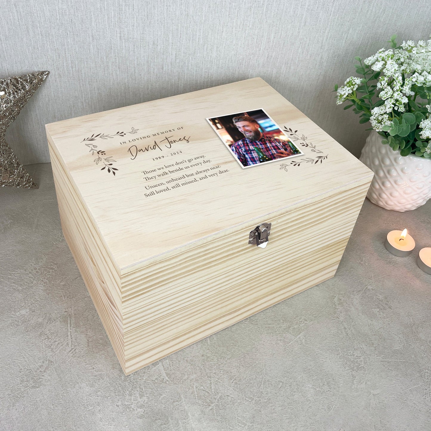 Personalised Pine Wooden One Photo Keepsake Memory Box - 4 Sizes
