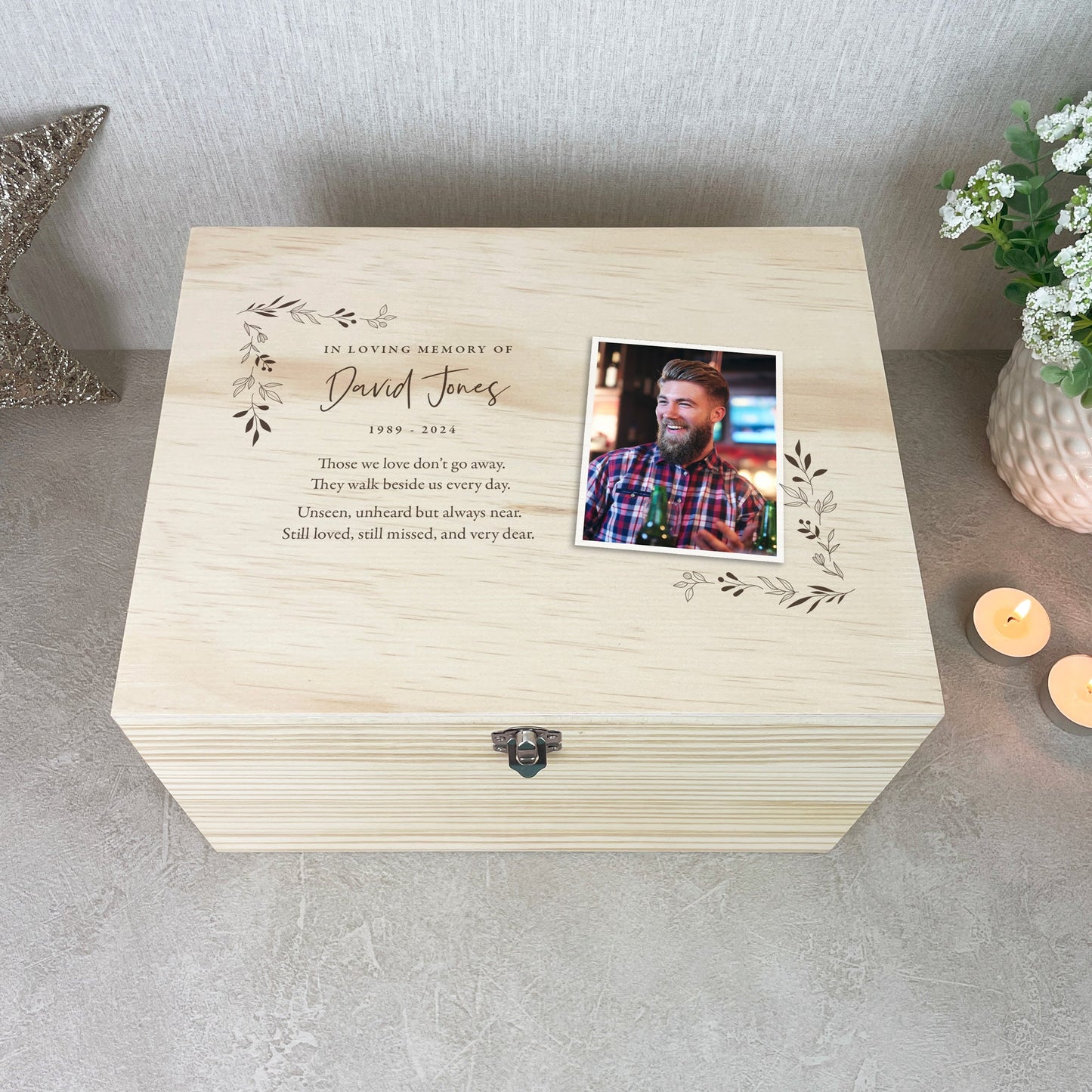 Personalised Pine Wooden One Photo Keepsake Memory Box - 4 Sizes