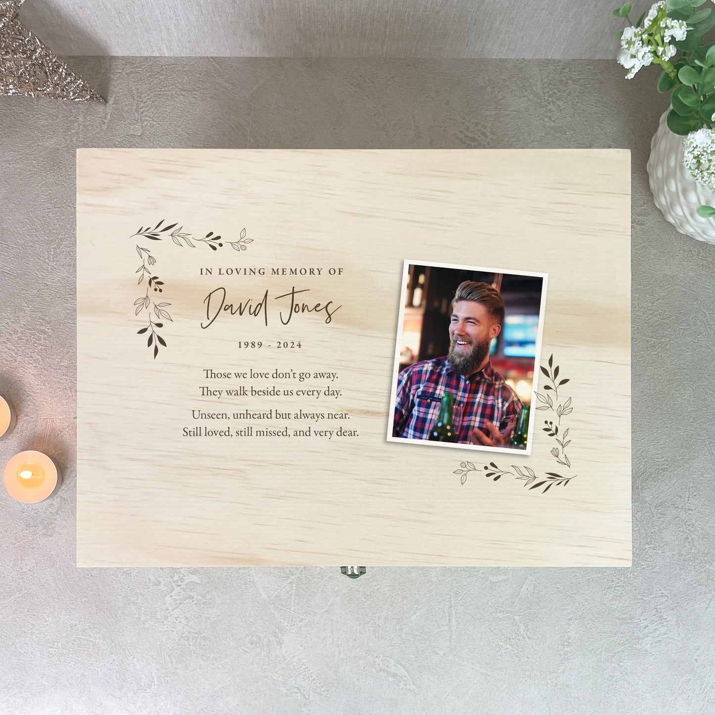 Personalised Pine Wooden One Photo Keepsake Memory Box - 4 Sizes