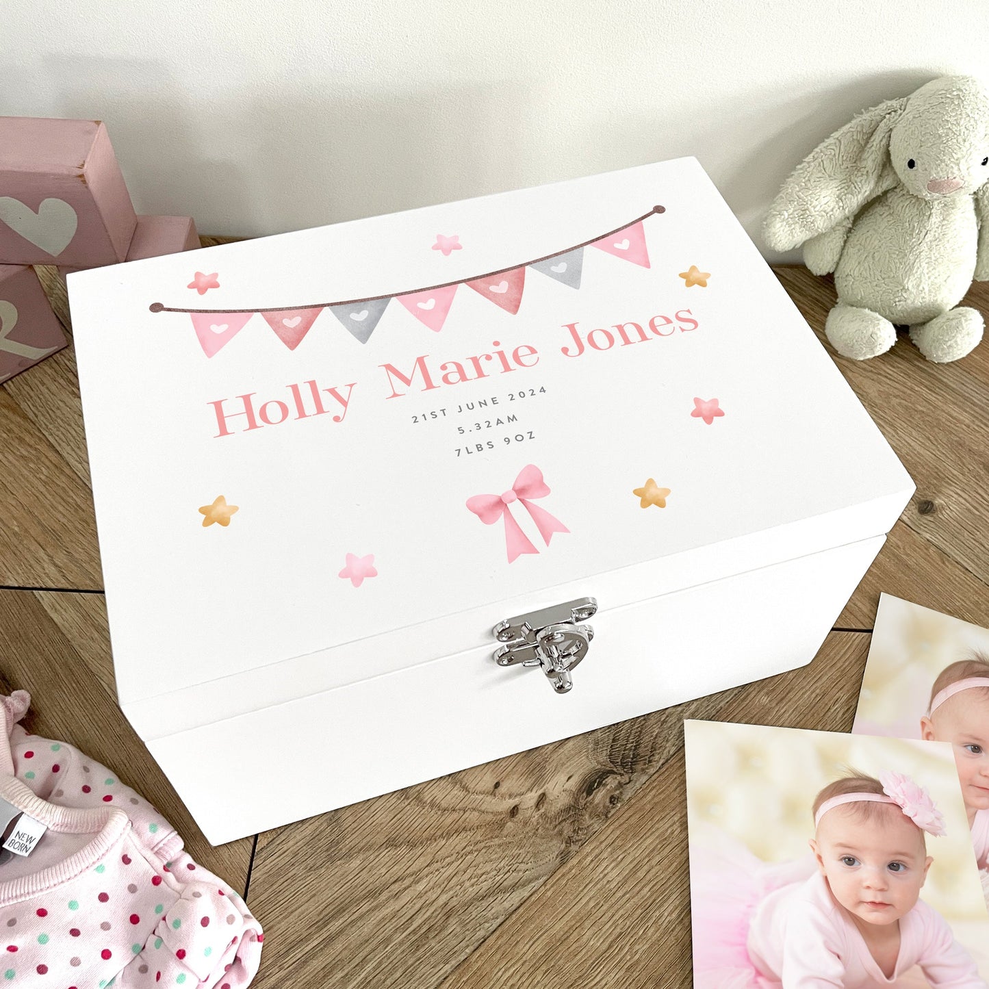 Personalised Pink Garland New Baby White Wooden Memory Box - 3 Sizes