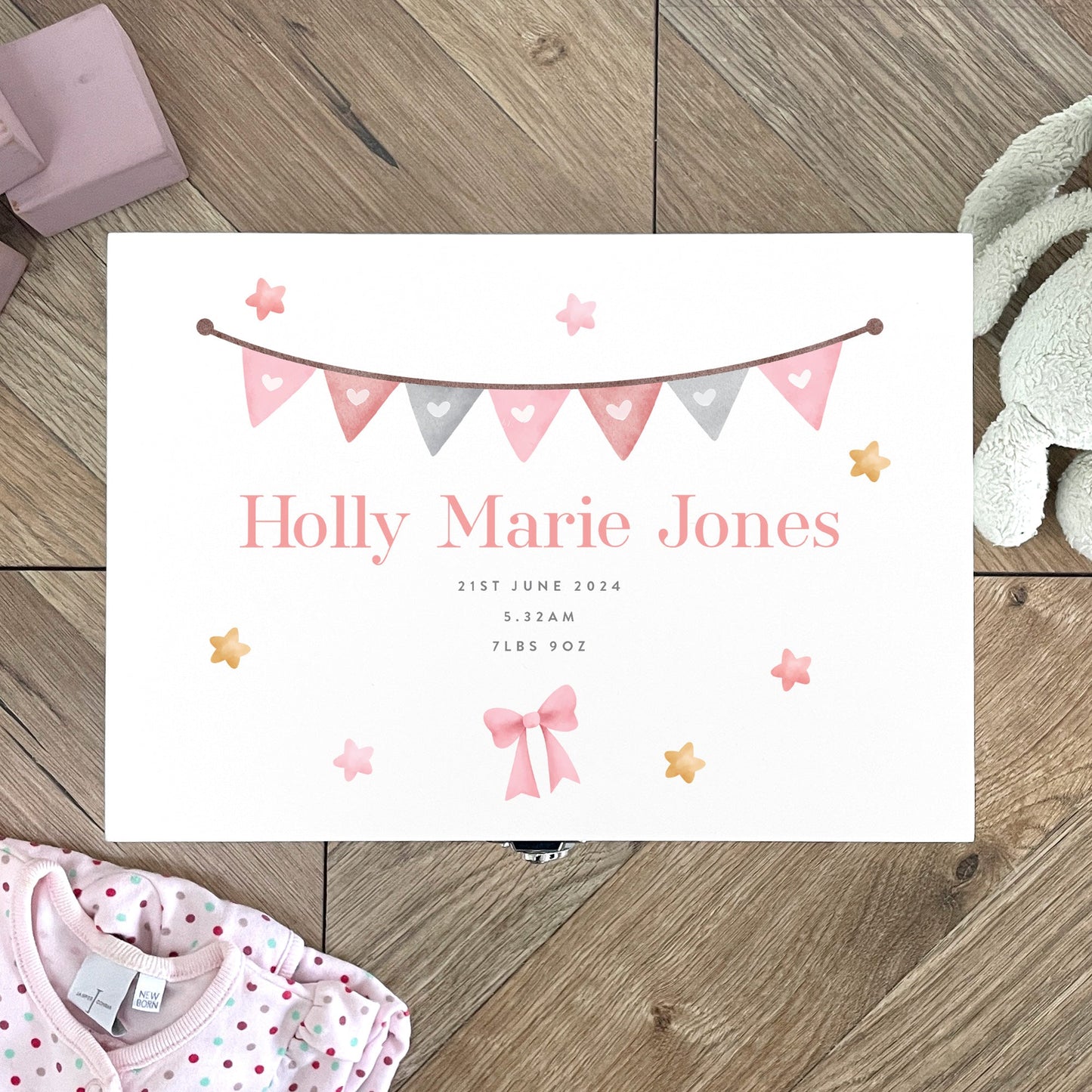 Personalised Pink Garland New Baby White Wooden Memory Box - 3 Sizes