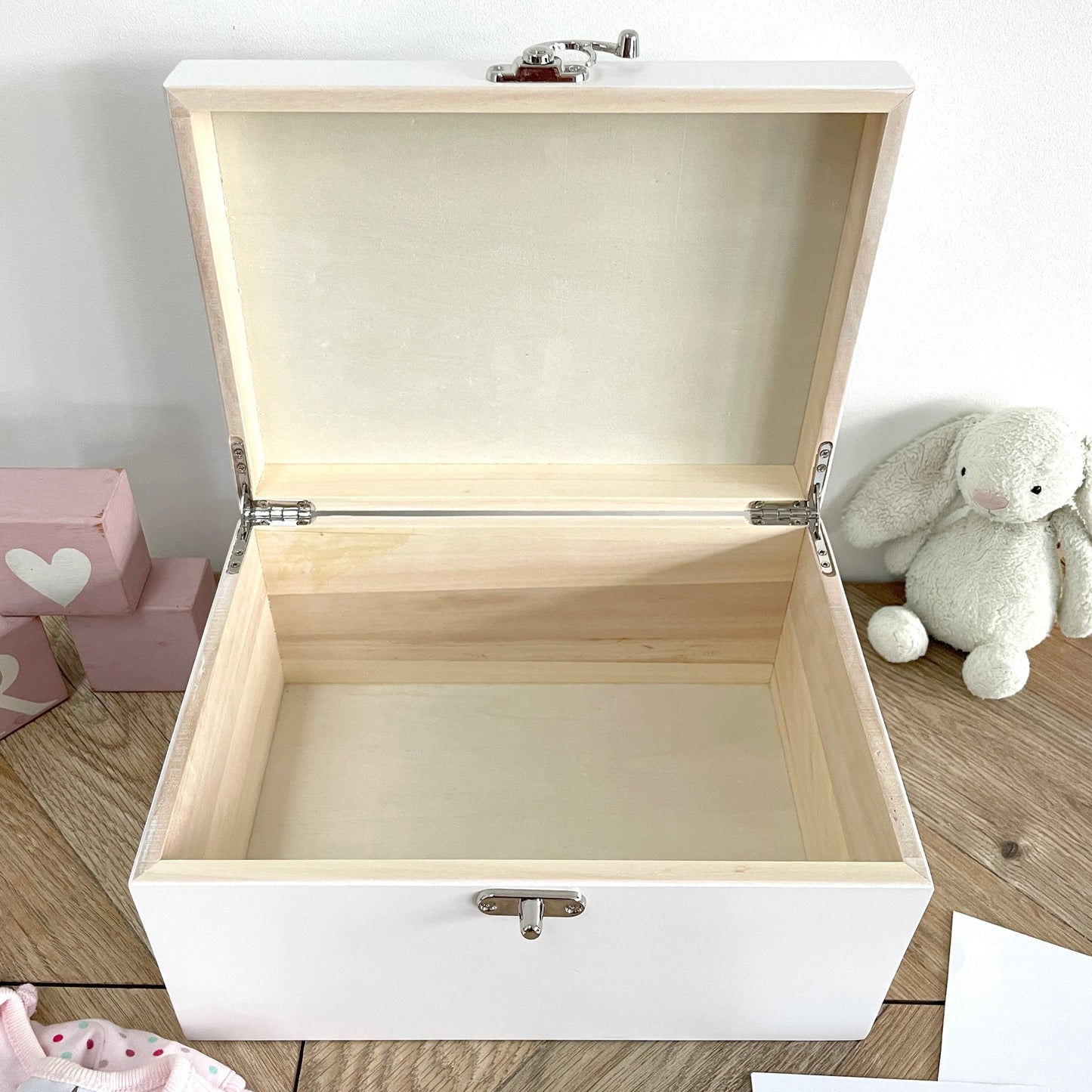 Personalised Pink Garland New Baby White Wooden Memory Box - 3 Sizes