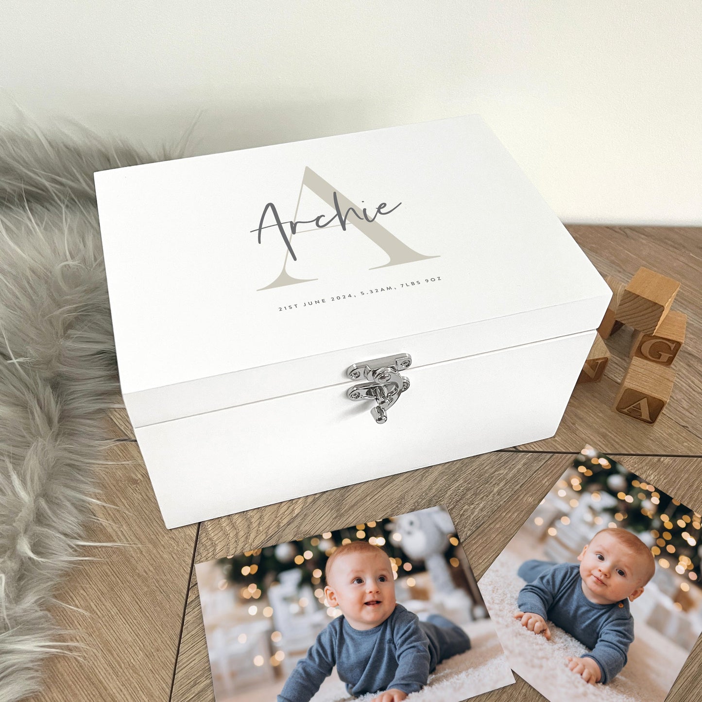 Personalised Initial New Baby White Wooden Memory Box - 3 Sizes