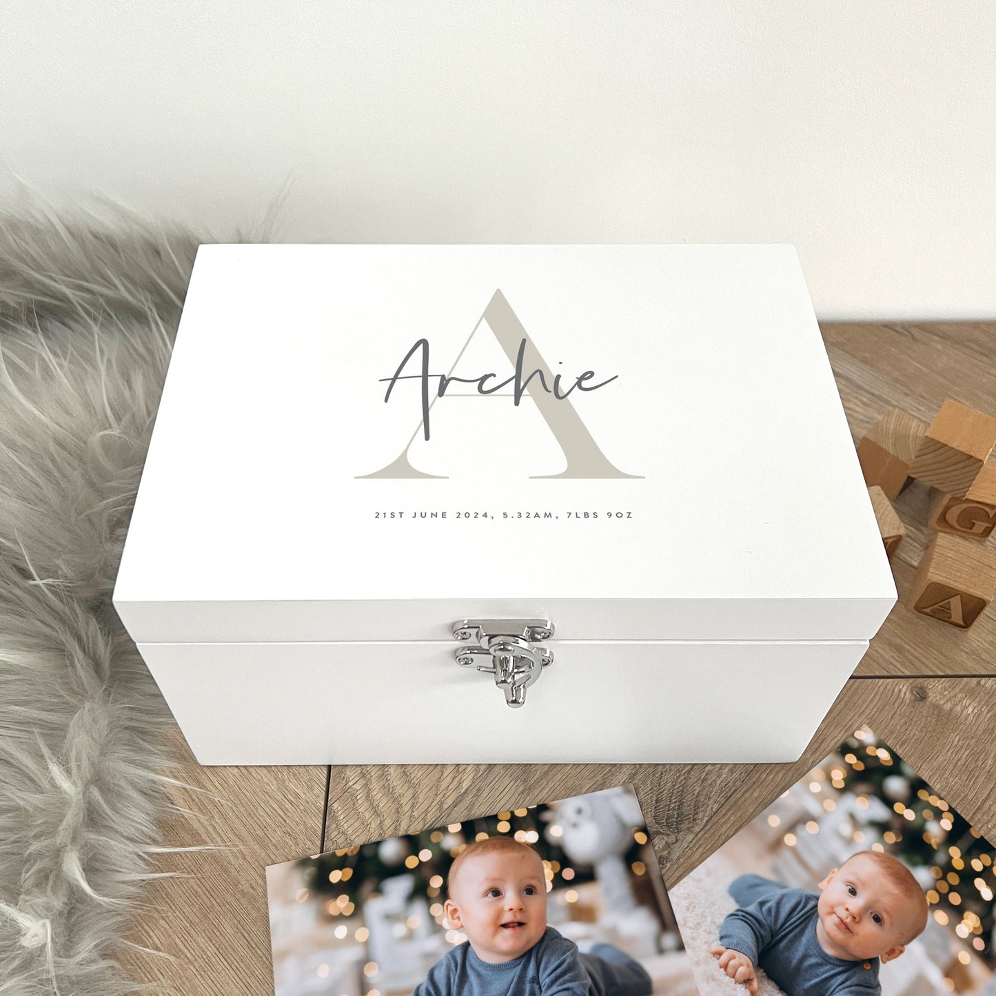 Personalised Initial New Baby White Wooden Memory Box - 3 Sizes