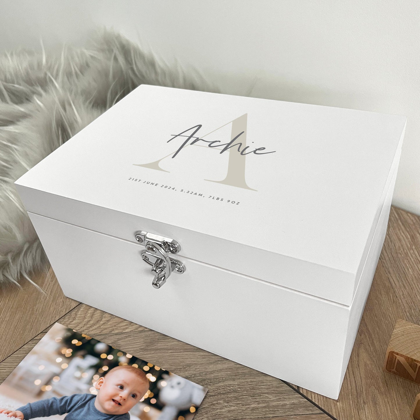 Personalised Initial New Baby White Wooden Memory Box - 3 Sizes