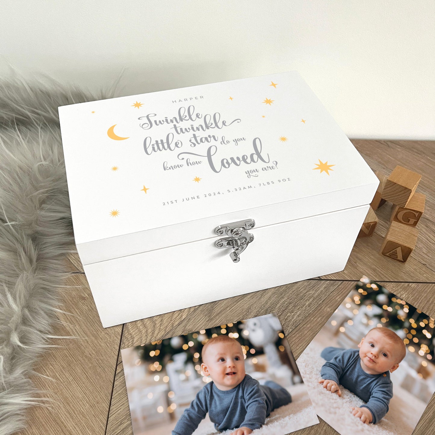 Personalised Twinkle Twinkle New Baby White Wooden Memory Box - 3 Sizes
