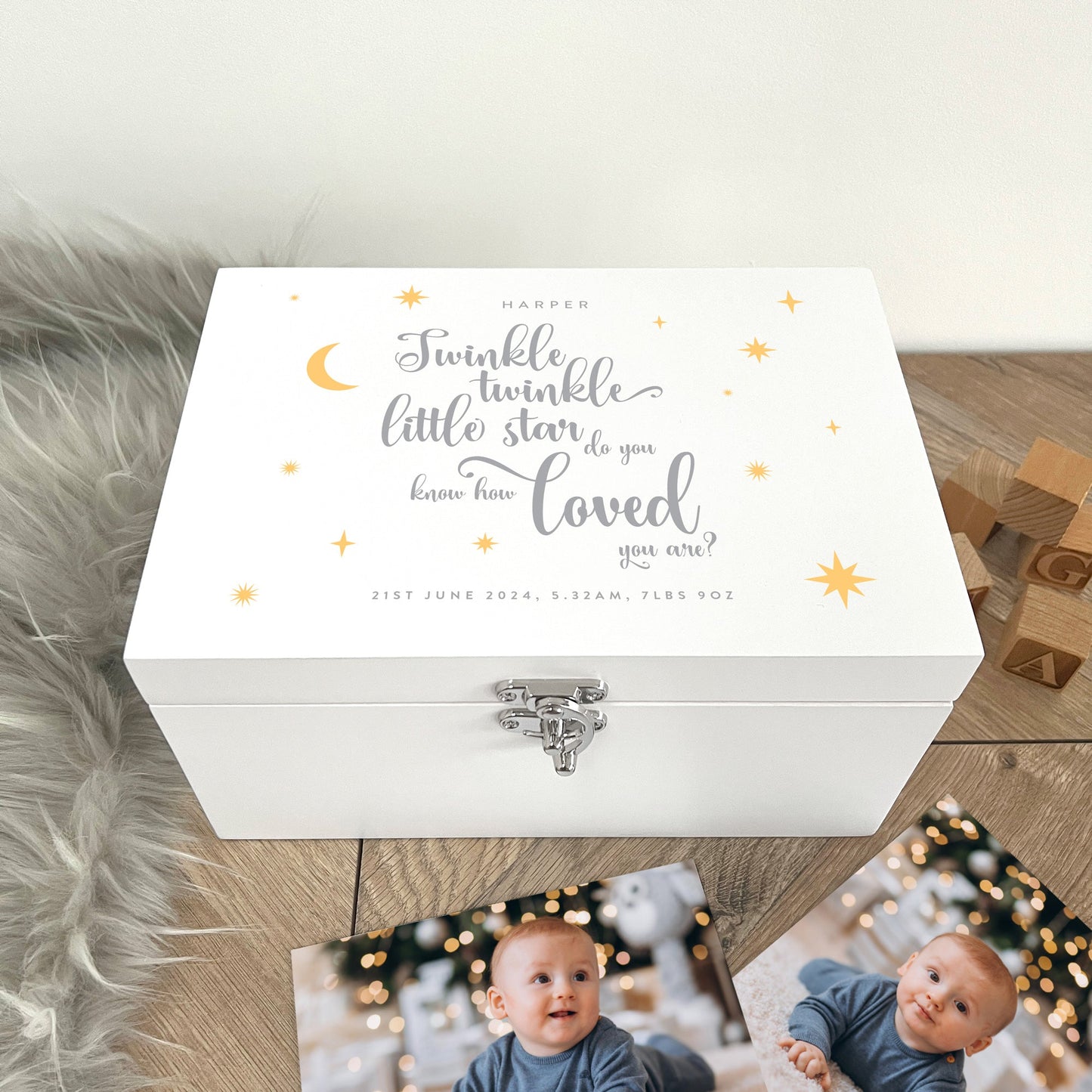 Personalised Twinkle Twinkle New Baby White Wooden Memory Box - 3 Sizes