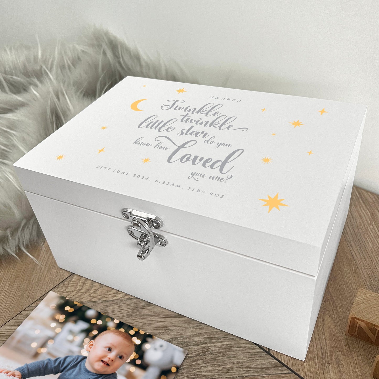 Personalised Twinkle Twinkle New Baby White Wooden Memory Box - 3 Sizes