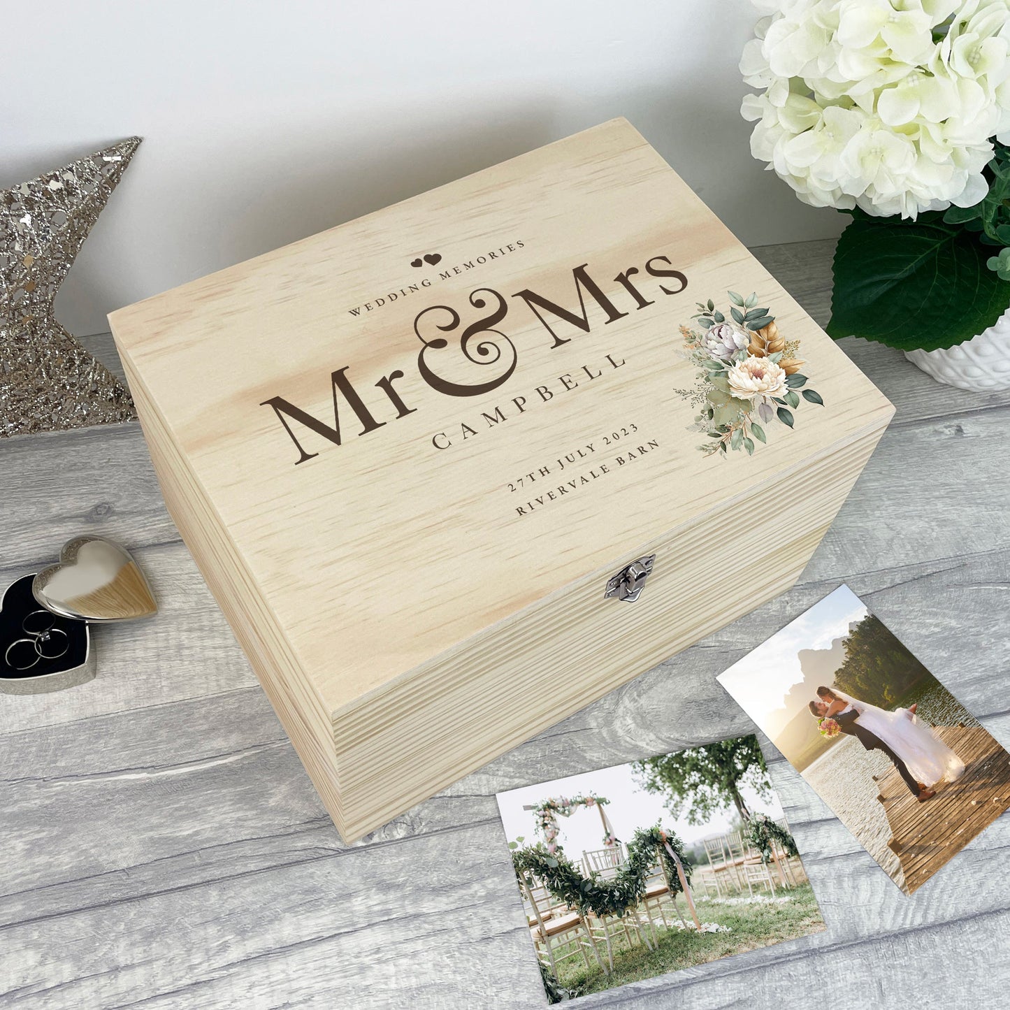Personalised Pine Wooden Boho Wedding Keepsake Memory Box - 4 Sizes