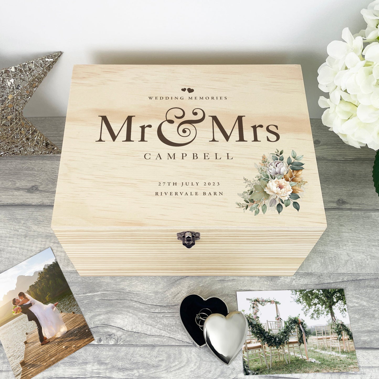 Personalised Pine Wooden Boho Wedding Keepsake Memory Box - 4 Sizes