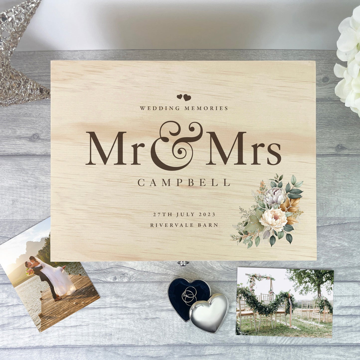 Personalised Pine Wooden Boho Wedding Keepsake Memory Box - 4 Sizes