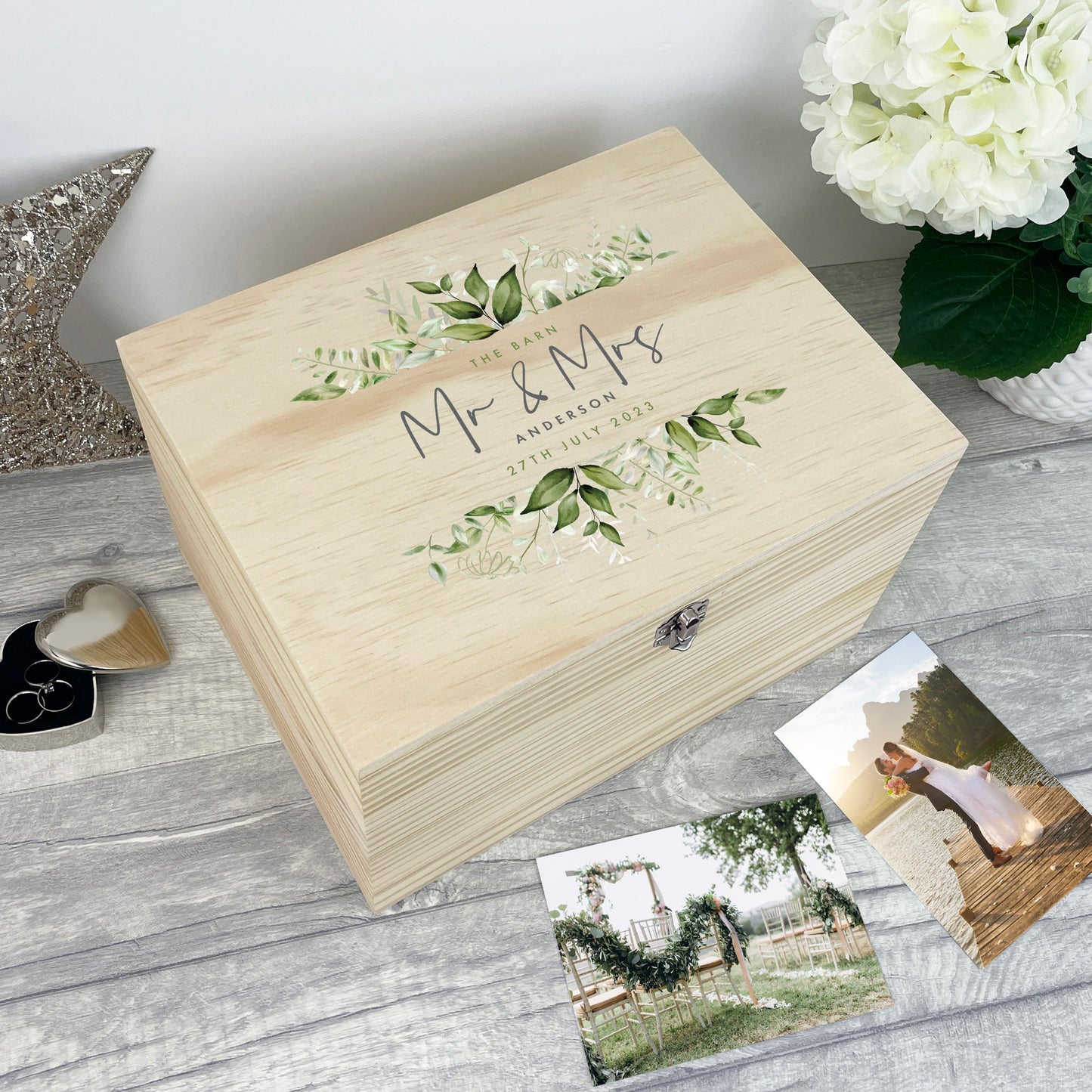 Personalised Wooden Botanical Wedding Keepsake Memory Box - 4 Sizes