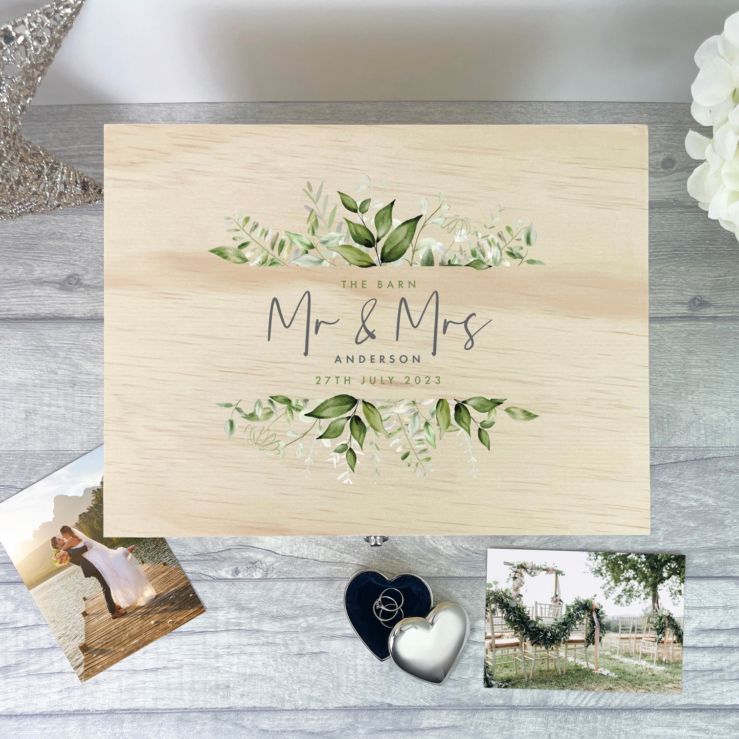 Personalised Wooden Botanical Wedding Keepsake Memory Box - 4 Sizes