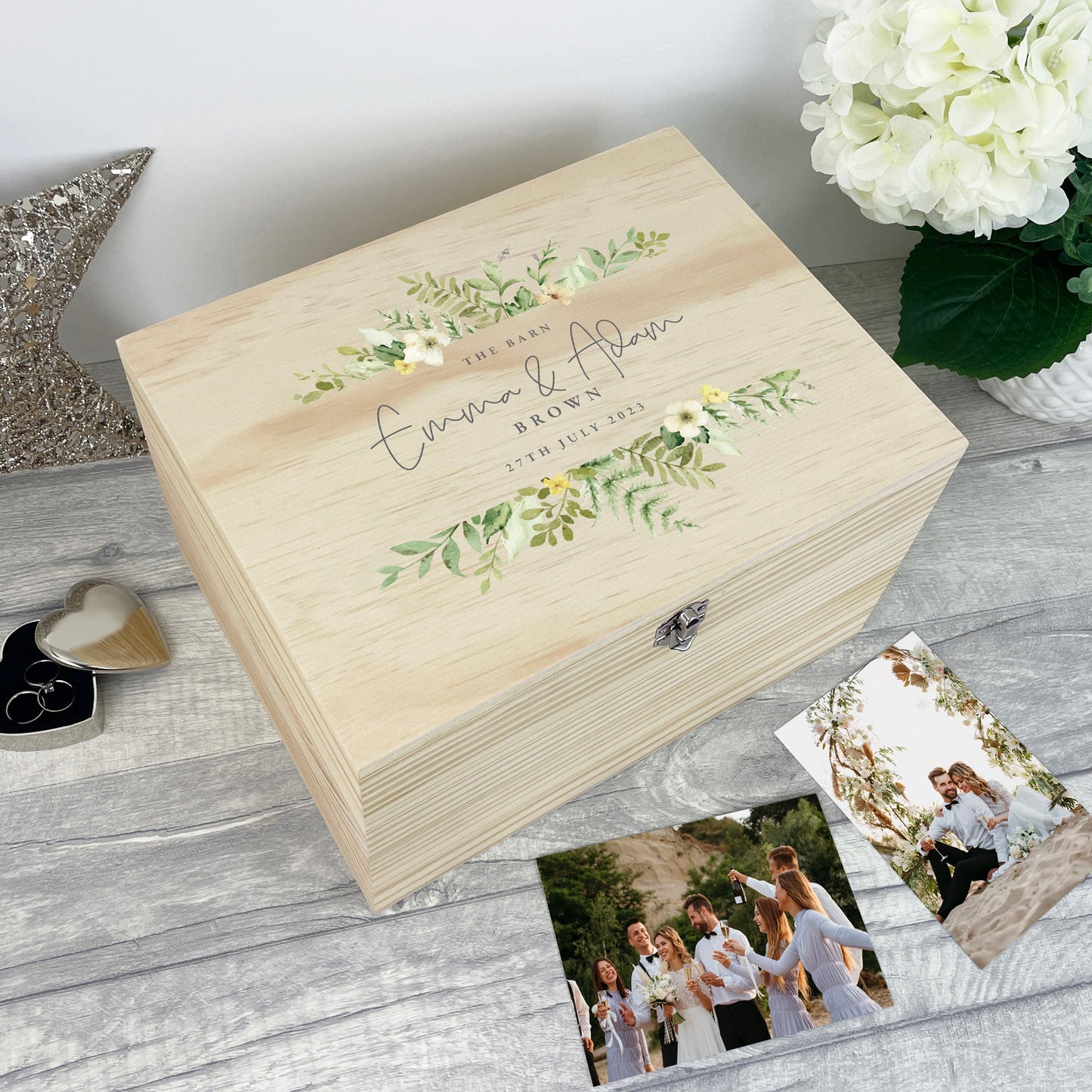 Personalised Wooden Green & Yellow Floral Wedding Keepsake Memory Box - 4 Sizes