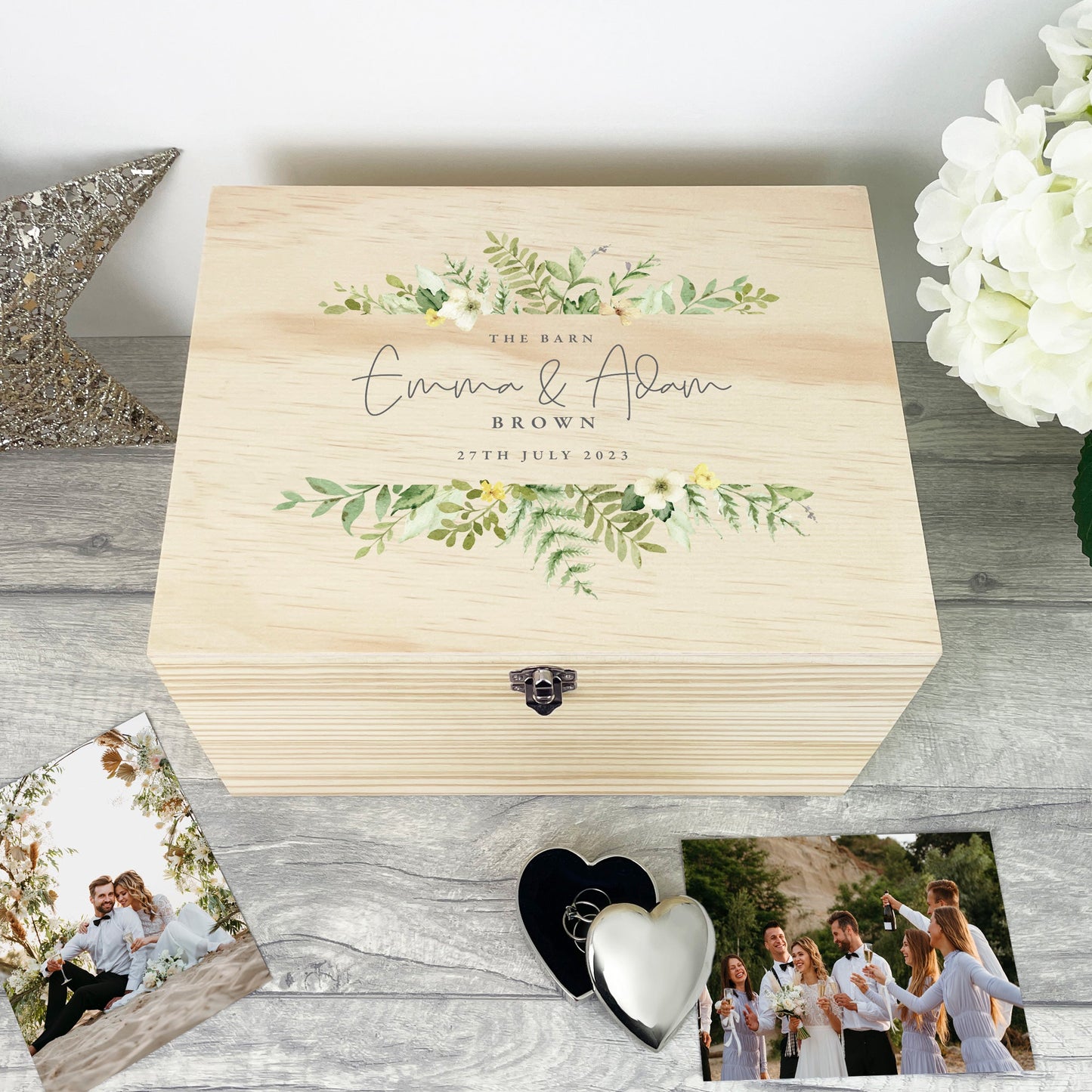 Personalised Wooden Green & Yellow Floral Wedding Keepsake Memory Box - 4 Sizes