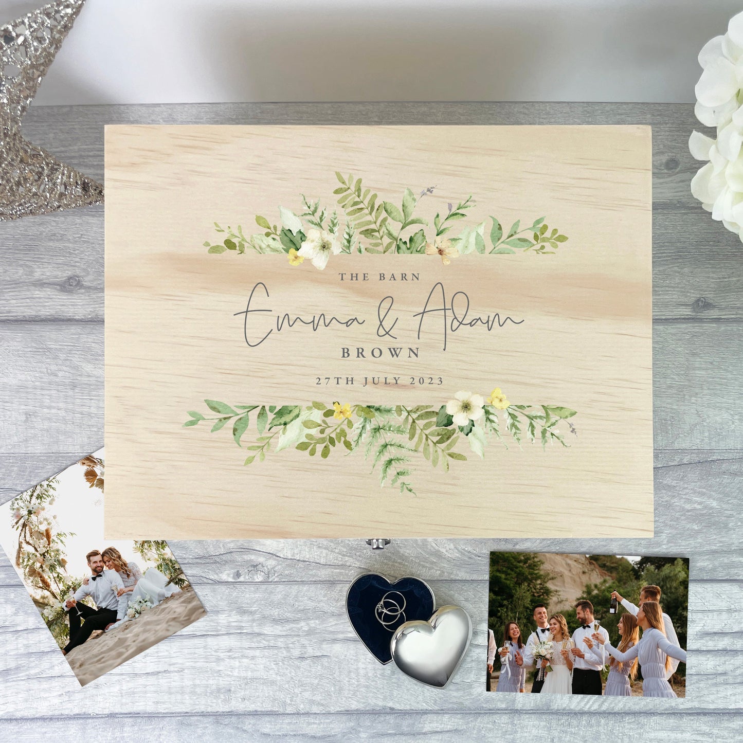 Personalised Wooden Green & Yellow Floral Wedding Keepsake Memory Box - 4 Sizes