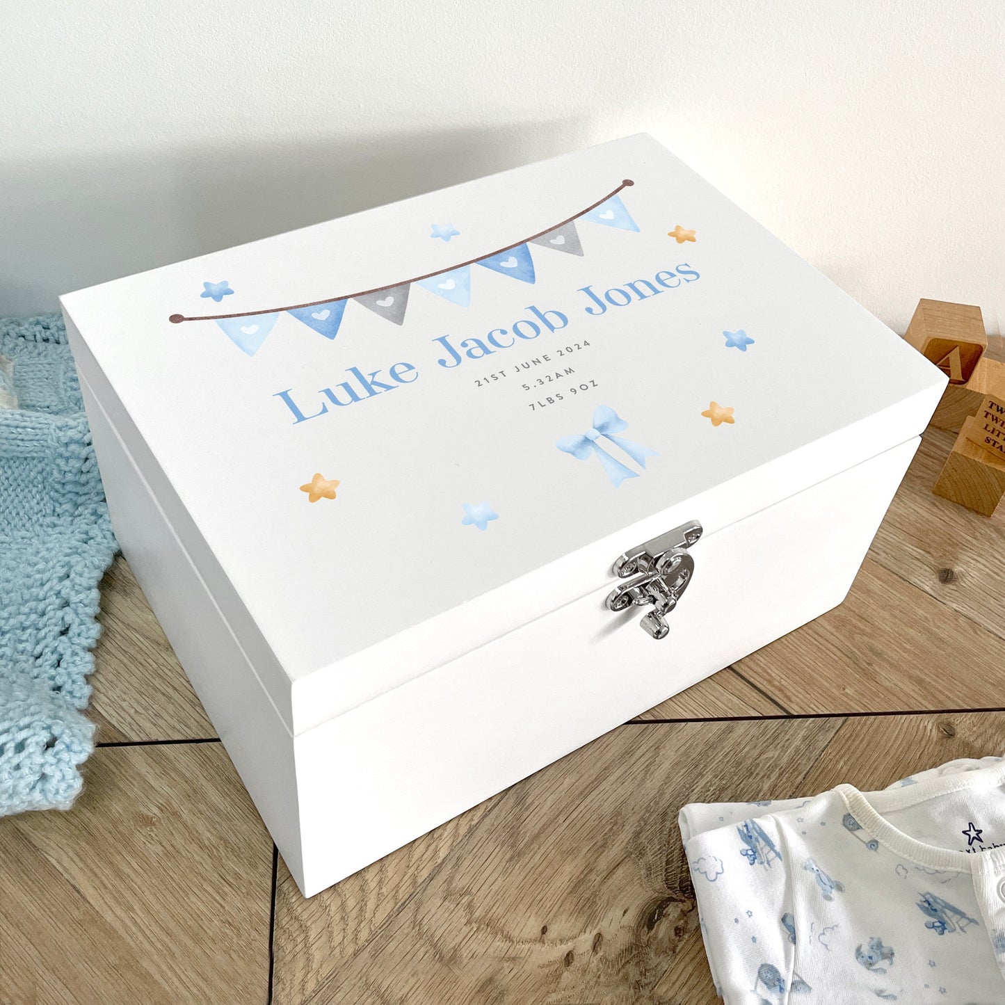 Personalised Blue Garland New Baby White Wooden Memory Box - 3 Sizes