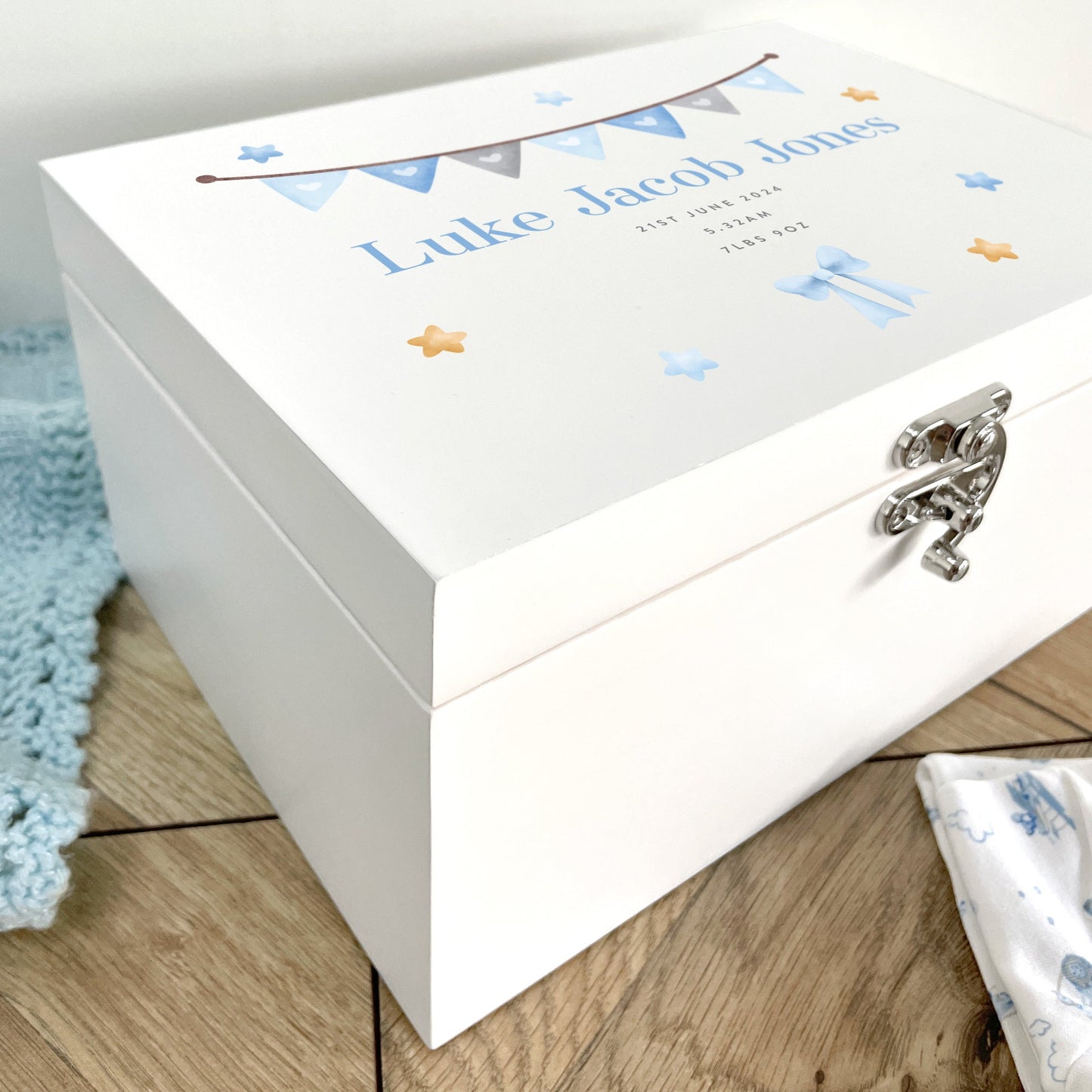 Personalised Blue Garland New Baby White Wooden Memory Box - 3 Sizes