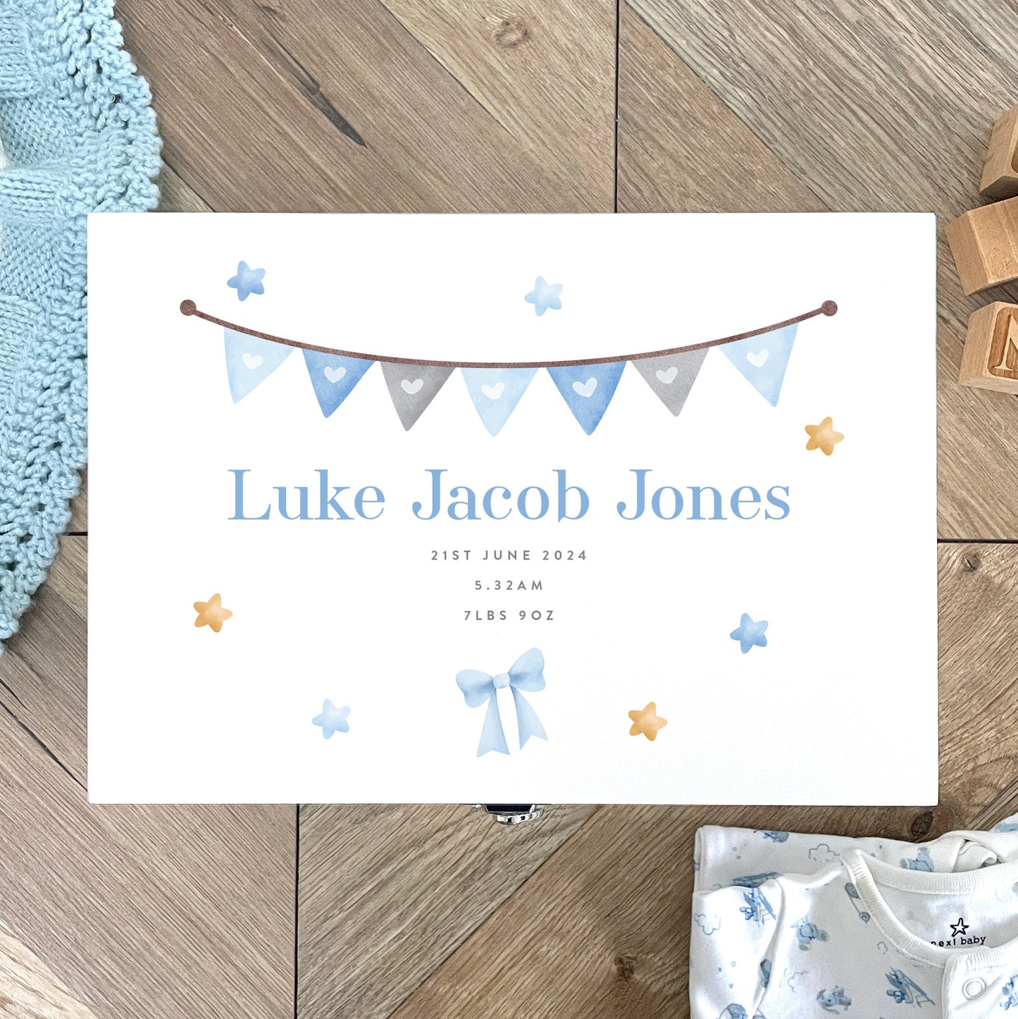 Personalised Blue Garland New Baby White Wooden Memory Box - 3 Sizes