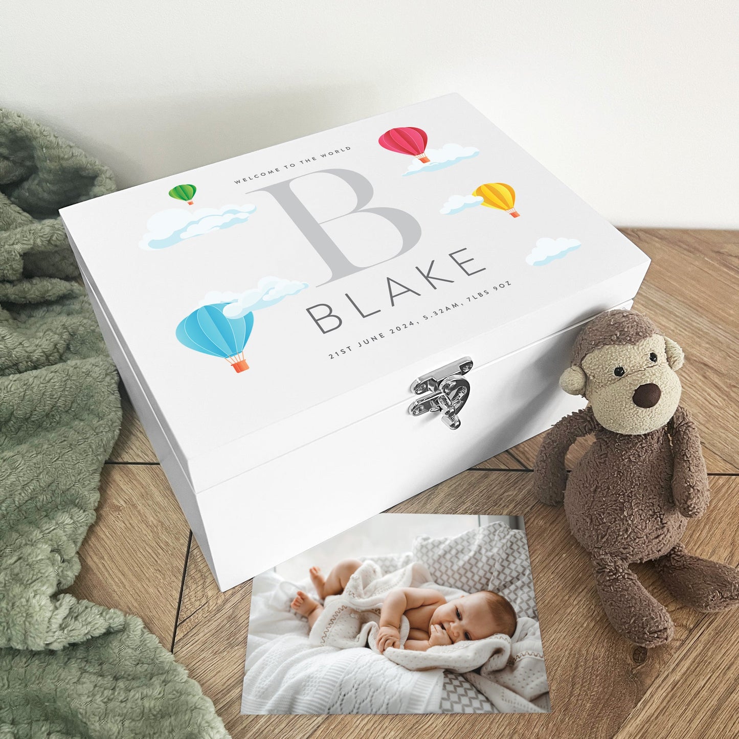 Personalised Hot Air Balloon New Baby White Wooden Memory Box - 3 Sizes