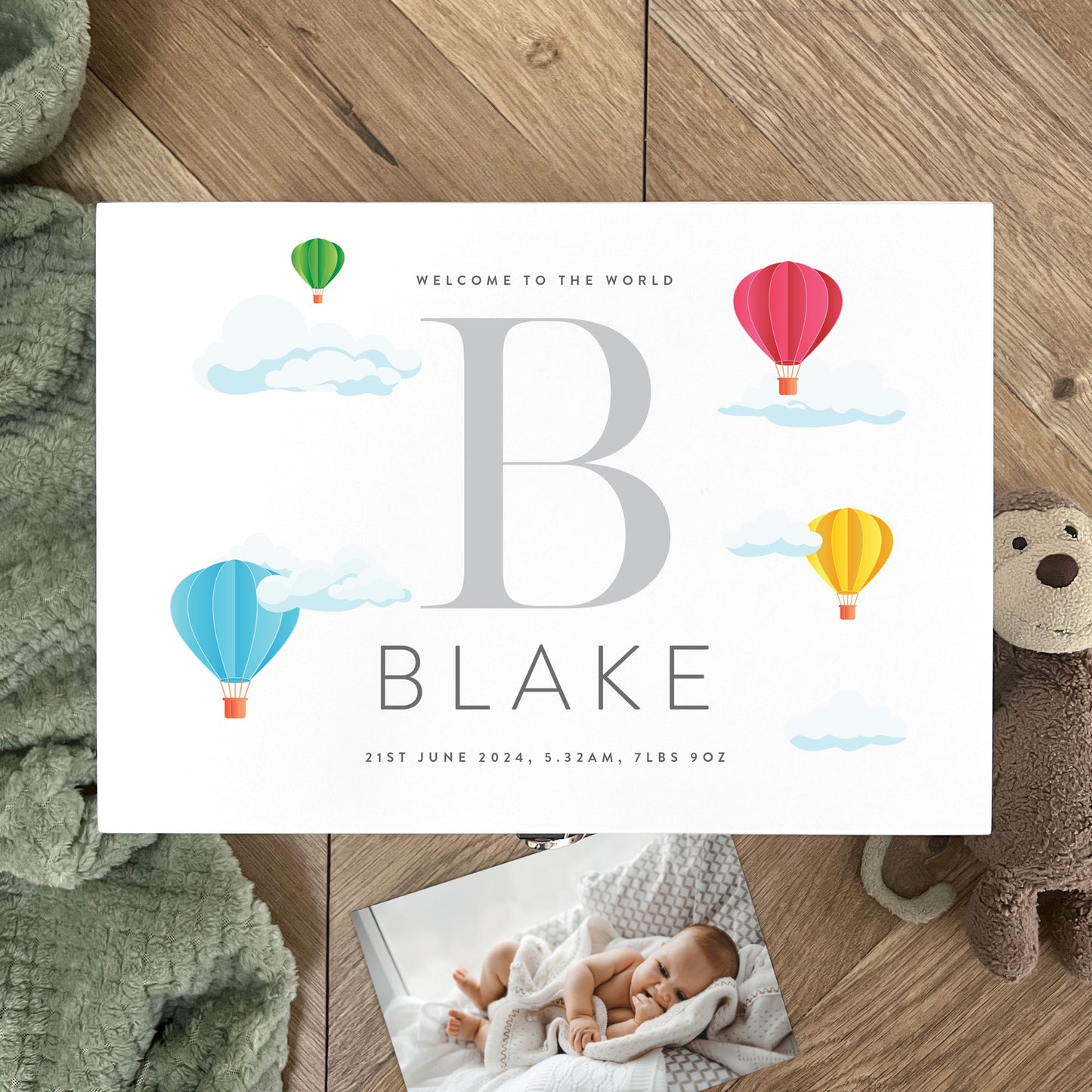 Personalised Hot Air Balloon New Baby White Wooden Memory Box - 3 Sizes