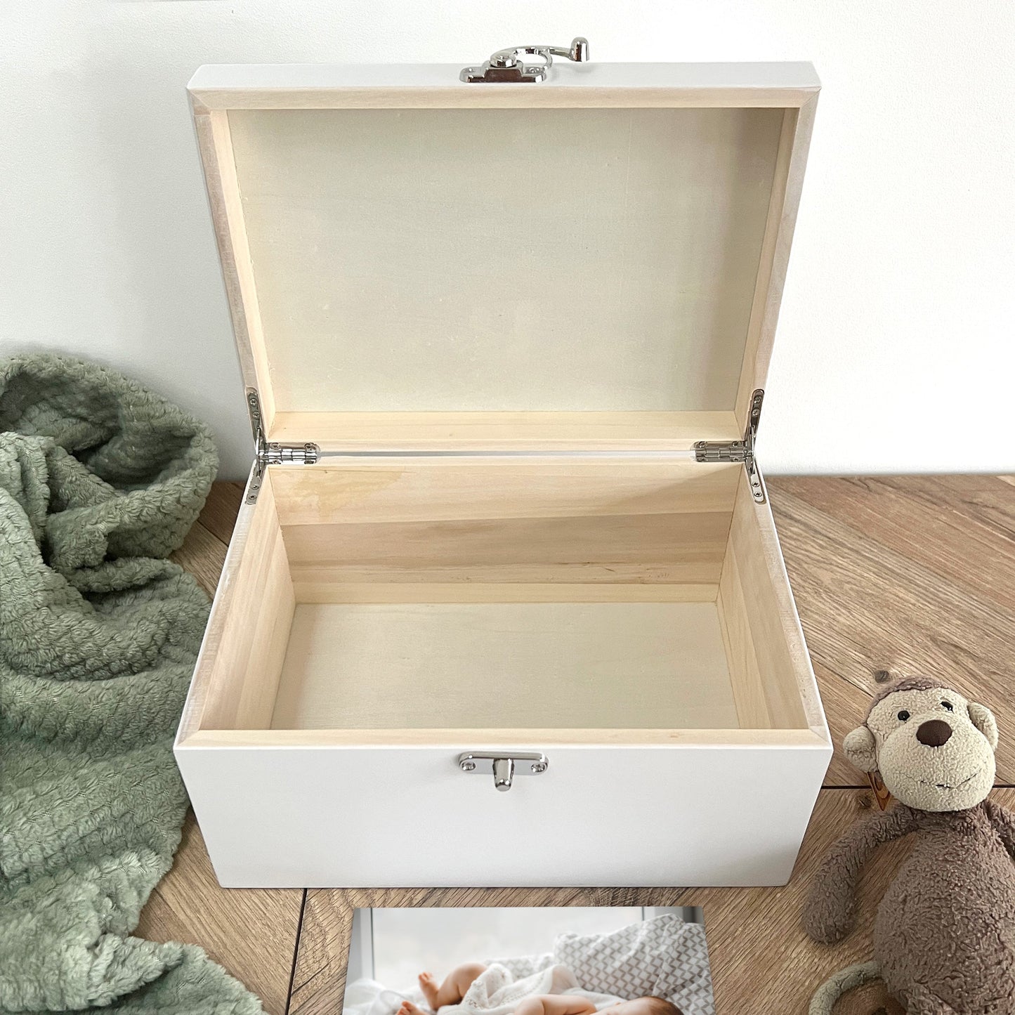 Personalised Hot Air Balloon New Baby White Wooden Memory Box - 3 Sizes