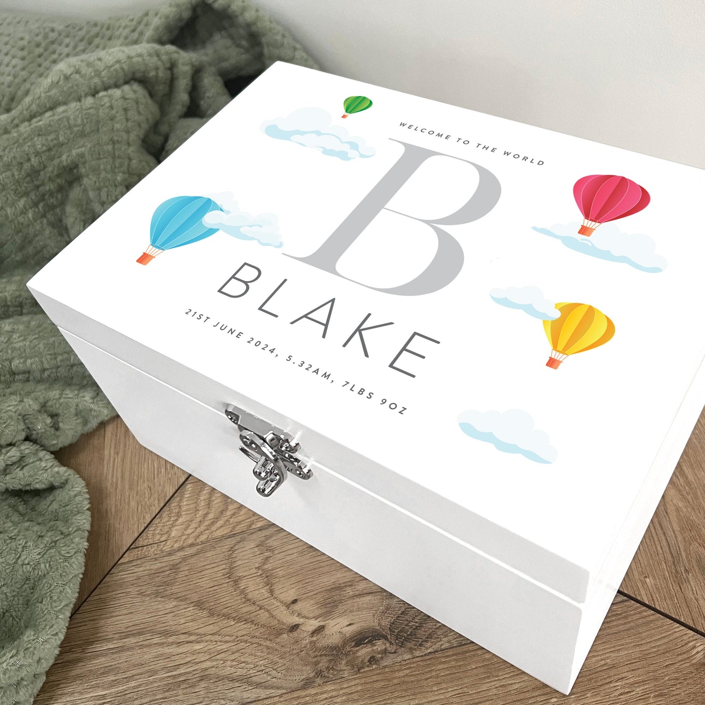 Personalised Hot Air Balloon New Baby White Wooden Memory Box - 3 Sizes