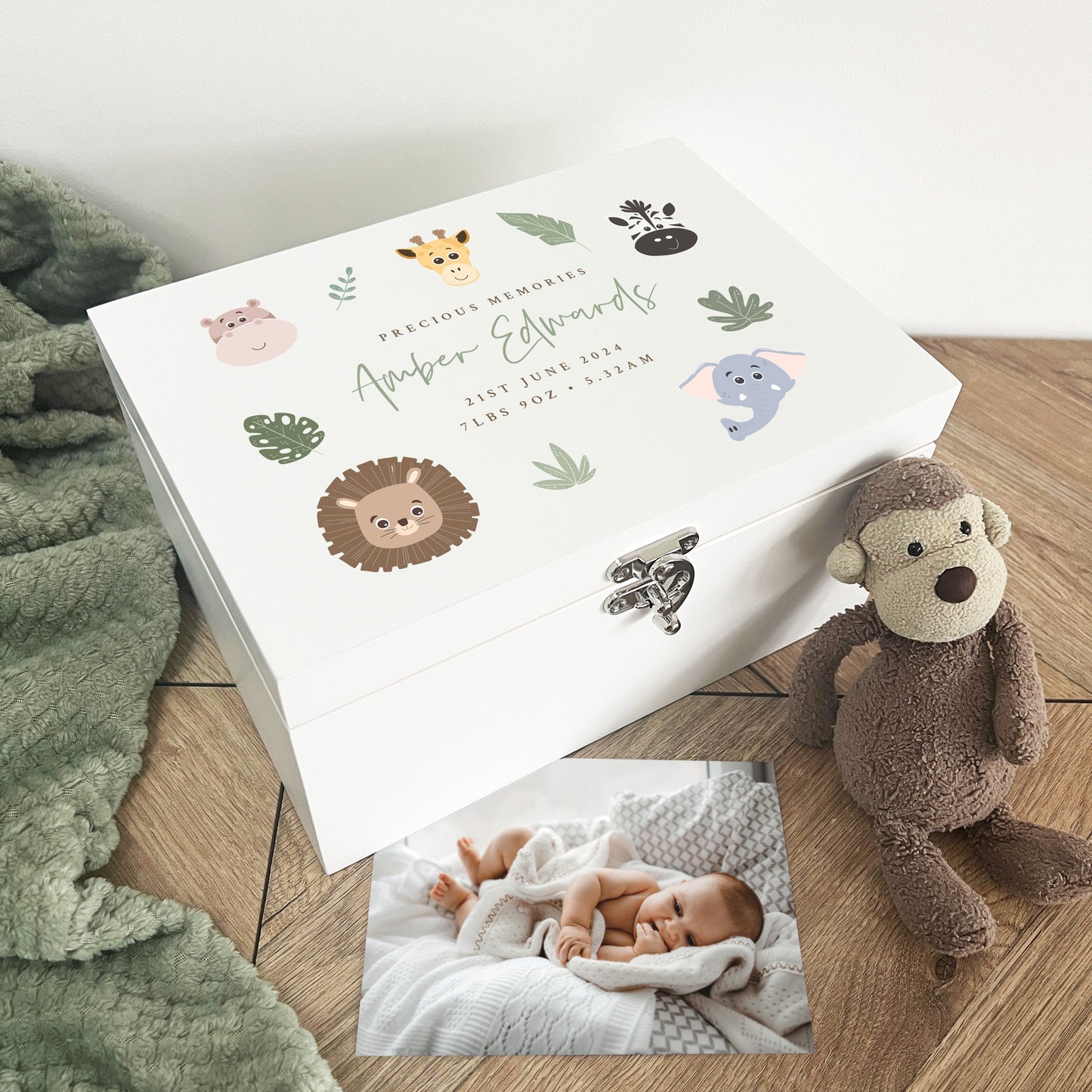 Personalised Jungle Animals New Baby White Wooden Memory Box - 3 Sizes