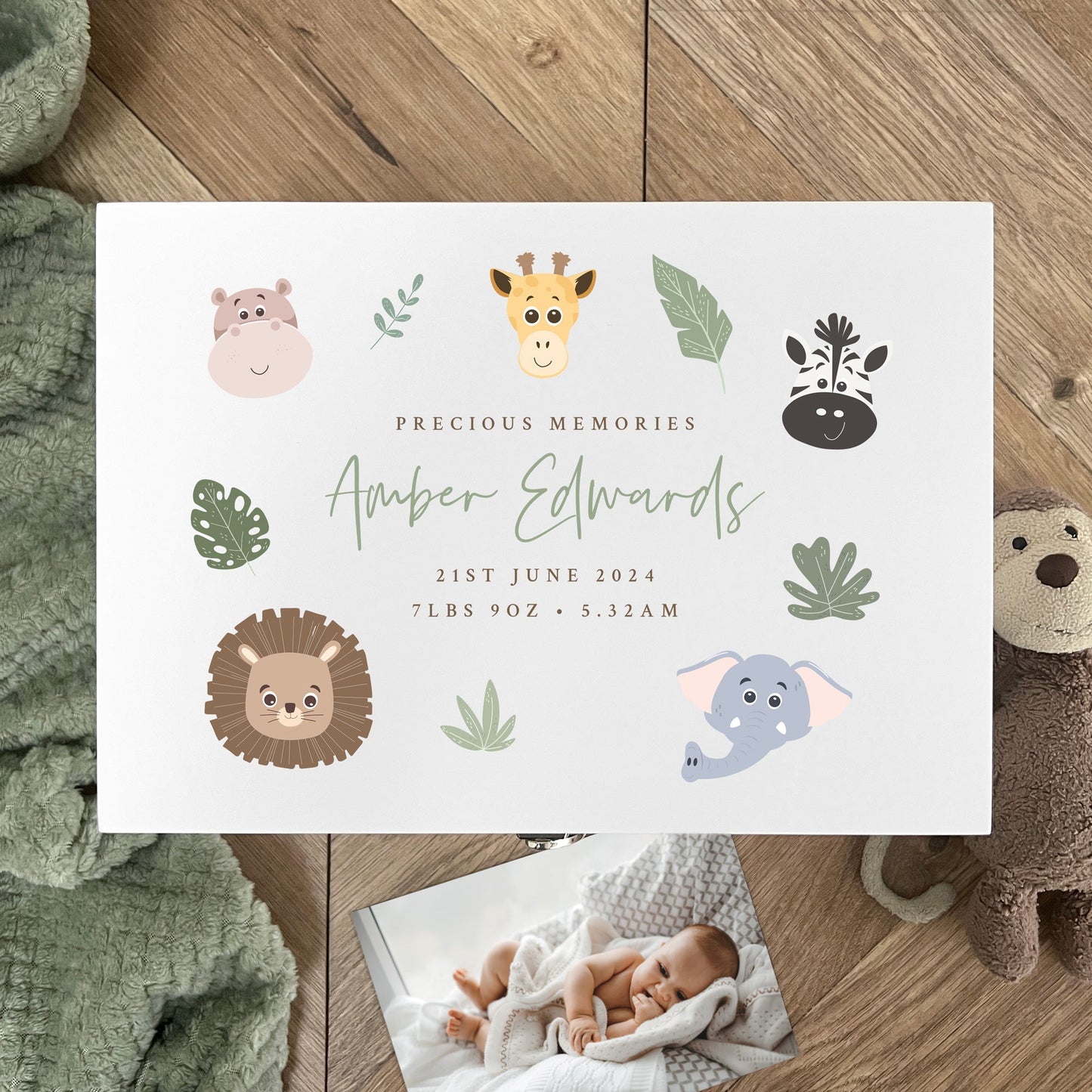 Personalised Jungle Animals New Baby White Wooden Memory Box - 3 Sizes
