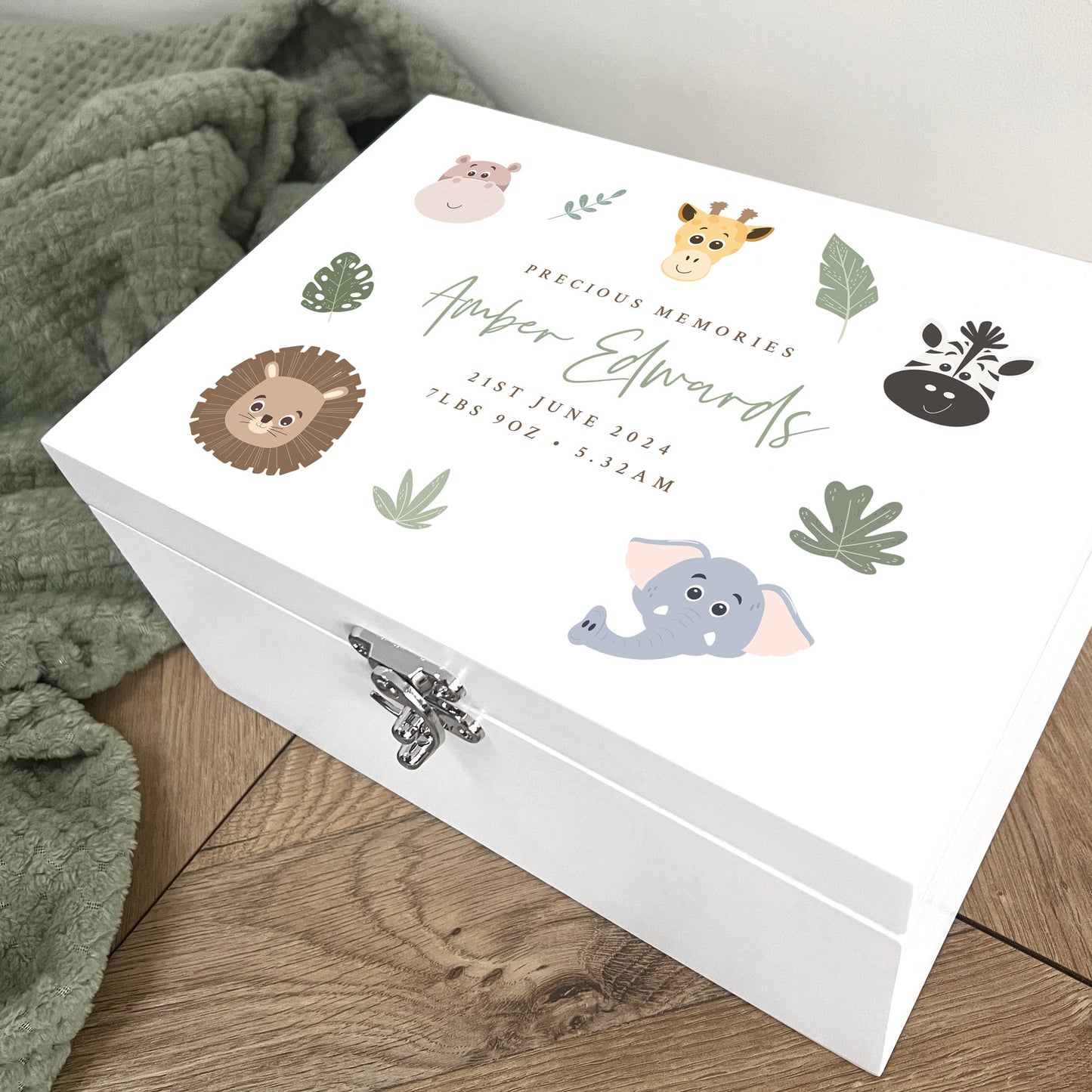 Personalised Jungle Animals New Baby White Wooden Memory Box - 3 Sizes
