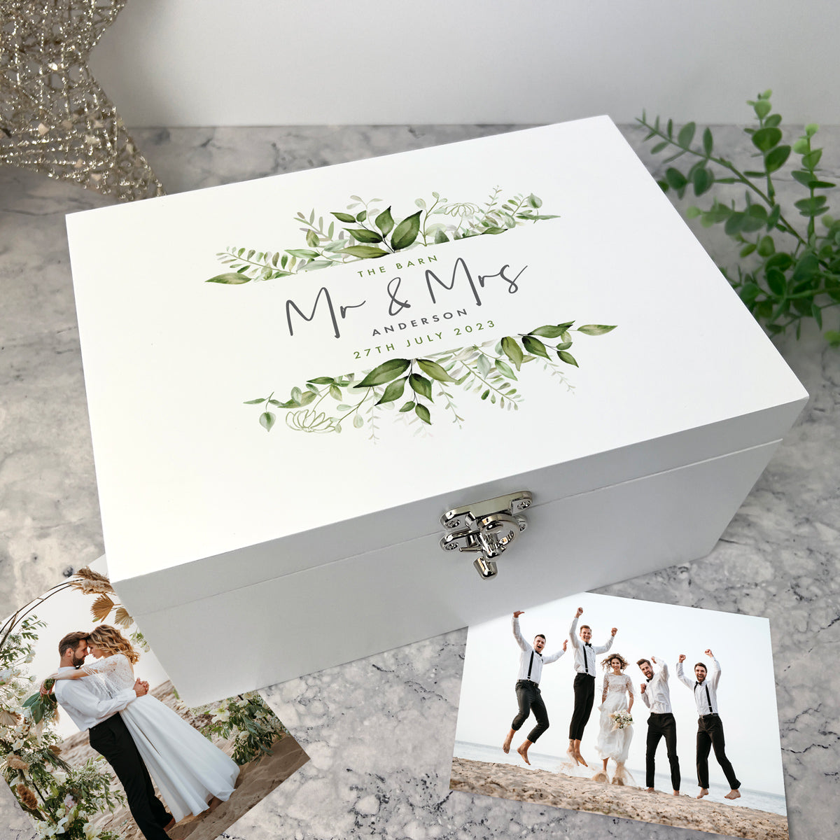 Personalised White Wooden Botanical Wedding Keepsake Memory Box - 3 Sizes