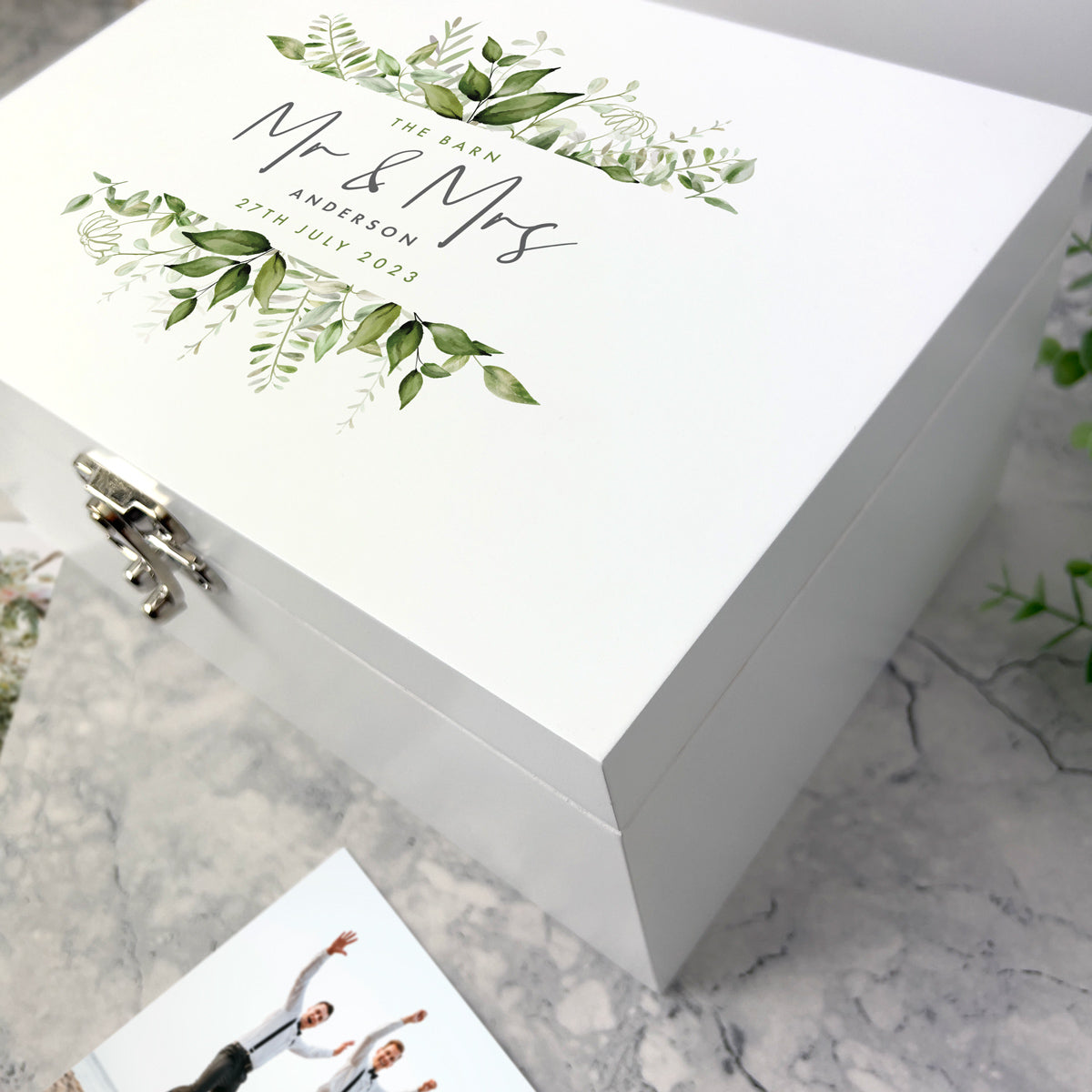 Personalised White Wooden Botanical Wedding Keepsake Memory Box - 3 Sizes