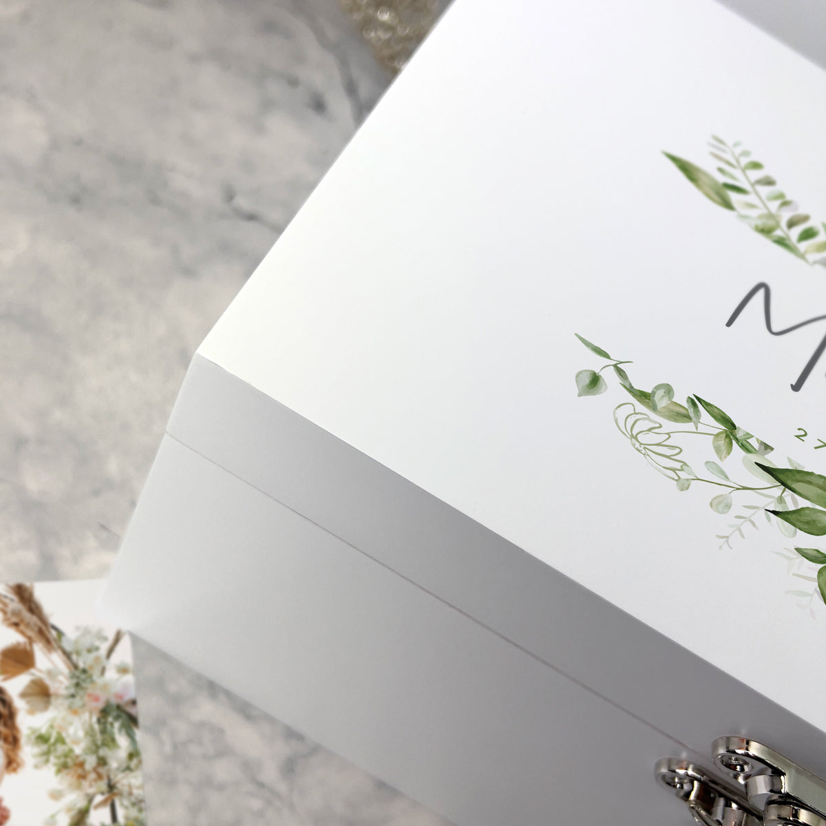 Personalised White Wooden Botanical Wedding Keepsake Memory Box - 3 Sizes