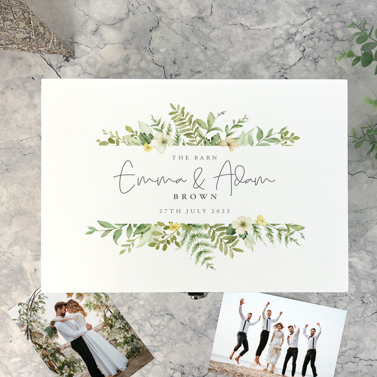 Personalised White Wooden Yellow & Green Floral Wedding Keepsake Memory Box - 3 Sizes